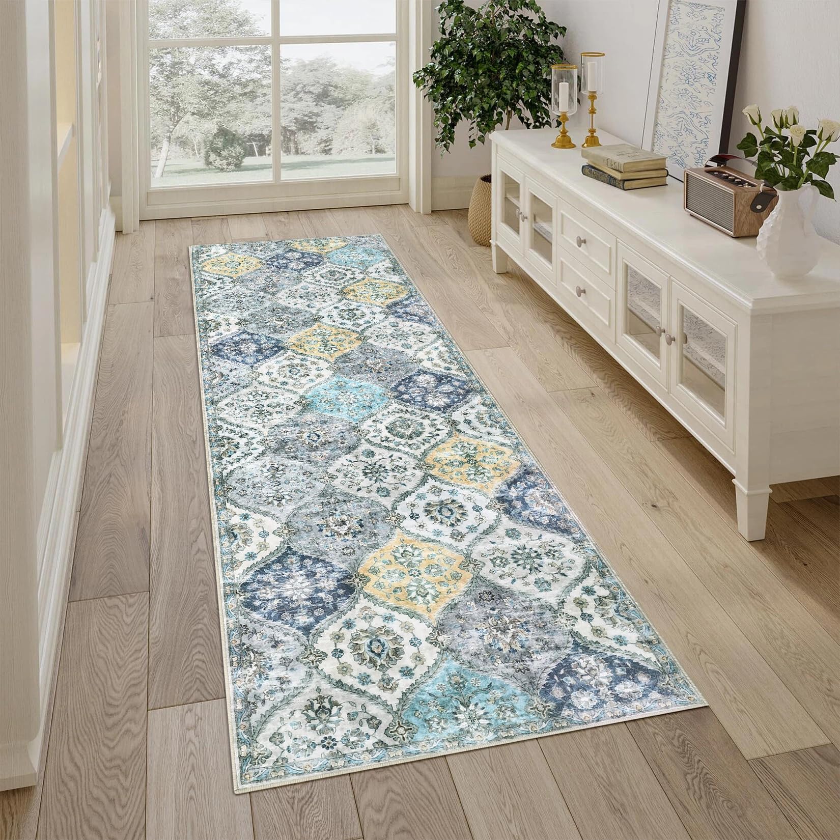 LuxFocus Washable Hallway Runner 60x230 cm Vintage Non Slip Blue Yellow โ image 1