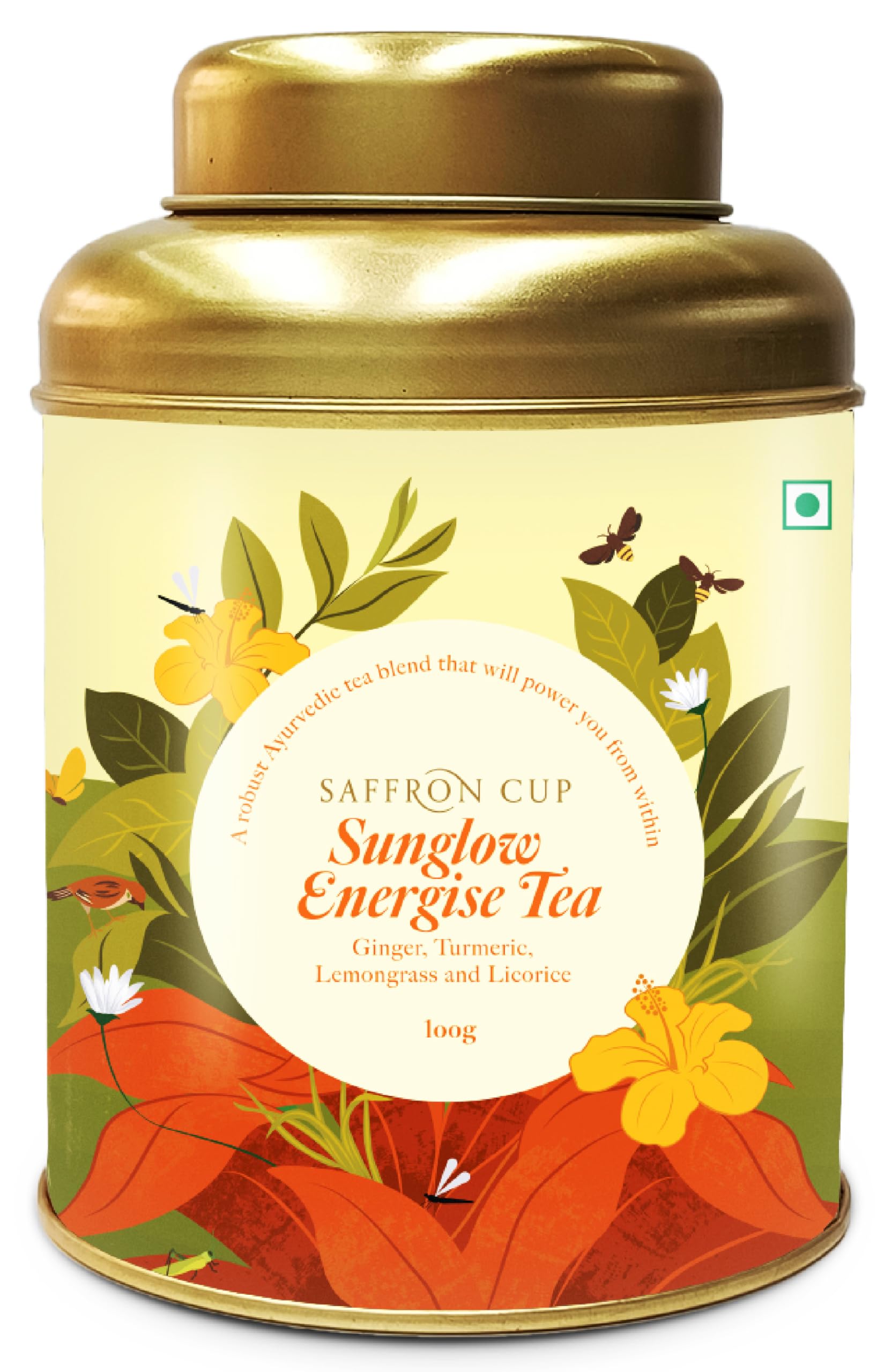 Saffron Cup Sunglow Energize (Ginger & Turmeric) Herbal Detox Tea by 100G | Caffeine-Free Blend With Lemongrass, Orange Peel & Licorice (Airtight Double-Lid Tin)