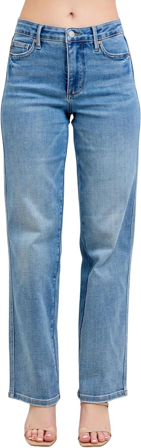 Judy Blue Mid Rise Tummy Control Vintage Wash Straight Jeans, Inseam 31"