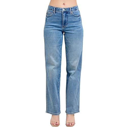 Judy Blue Mid Rise Tummy Control Vintage Wash Straight Jeans, Inseam 31"