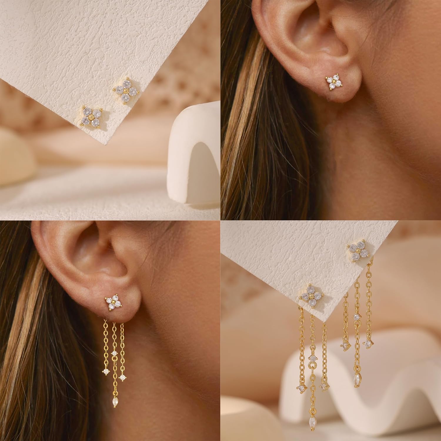 Dangle Earrings for Women, Dainty Gold Drop Earrings 14k Gold Plated Long CZ Bar Earrings for Women Trendy Simple Hypoallergenic Chandelier Stud Earrings Formal Wedding Prom Jewelry for Women - Image 3