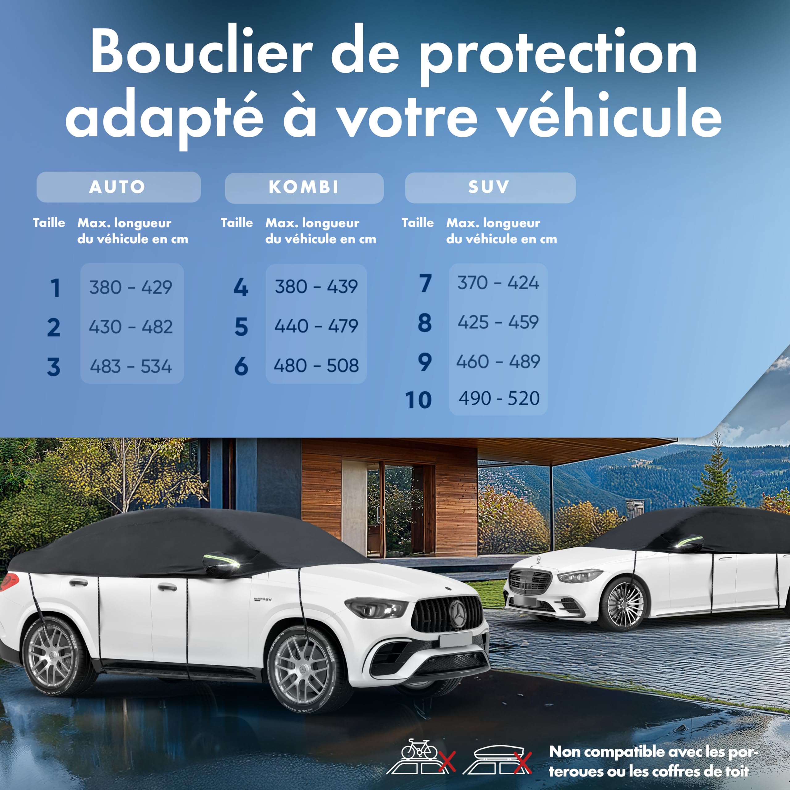 WALSER Afdekzeil voor auto, all-weather, waterdicht, 100% weerbestendig, autoafdekking, outdoor, autozeil, halve garage, maat 1, zwart