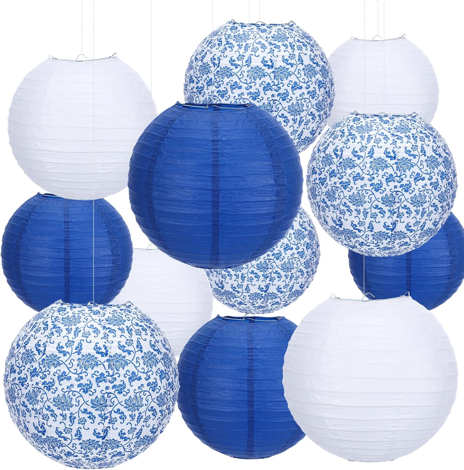 Riakrum 18 Pcs Floral Paper Lantern Set 10" 8" Sage Green and White Flower Chinese Lantern Chinoiserie Hanging Decoration for Ceiling Wedding Bridal Shower Birthday Party Supplies