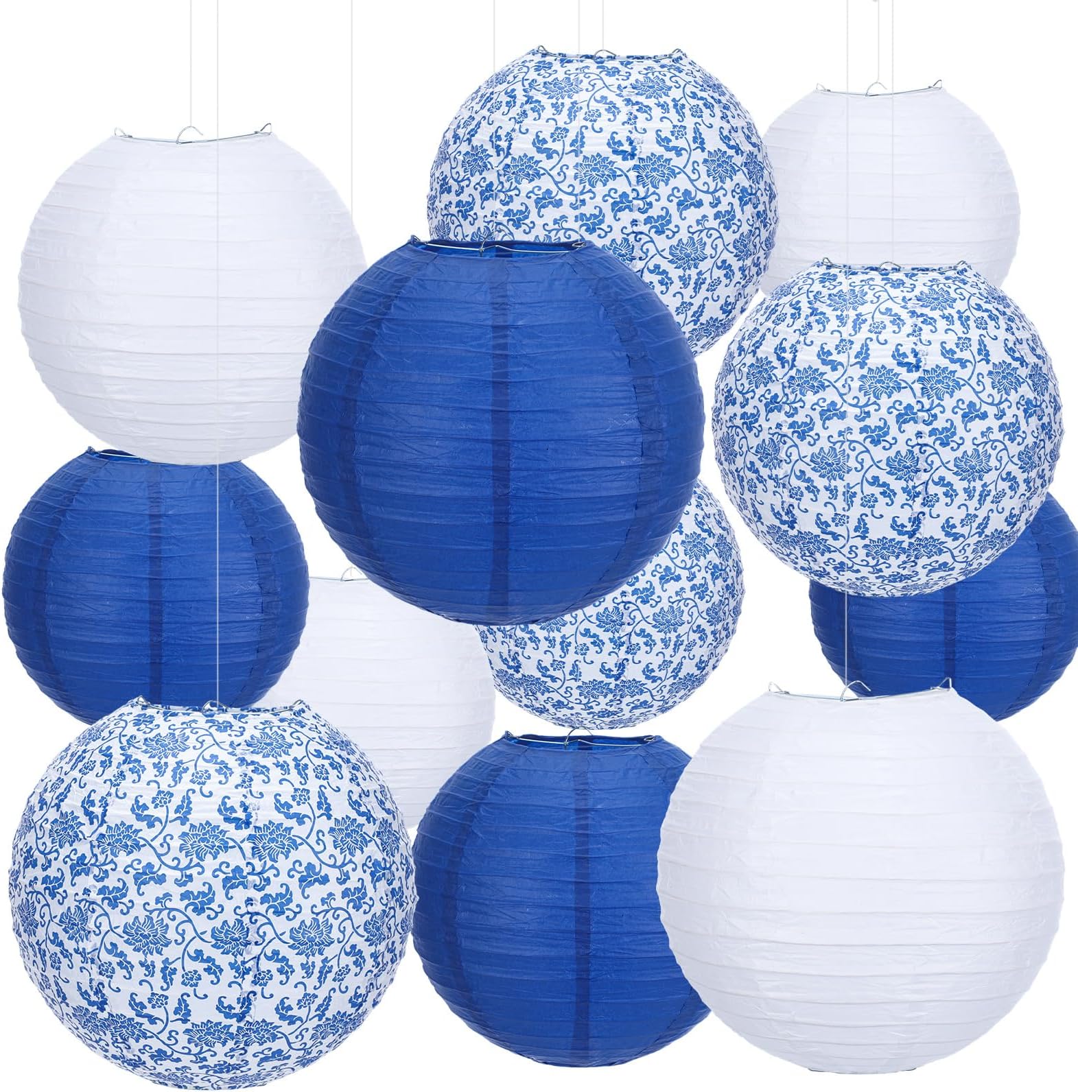 Riakrum 18 Pcs Chinoiserie Paper Lantern Set 10" 8" Blue and White Porcelain Print Round Lantern Chinese Japanese Hanging Decoration for Ceiling Wedding Birthday Party Home Decor