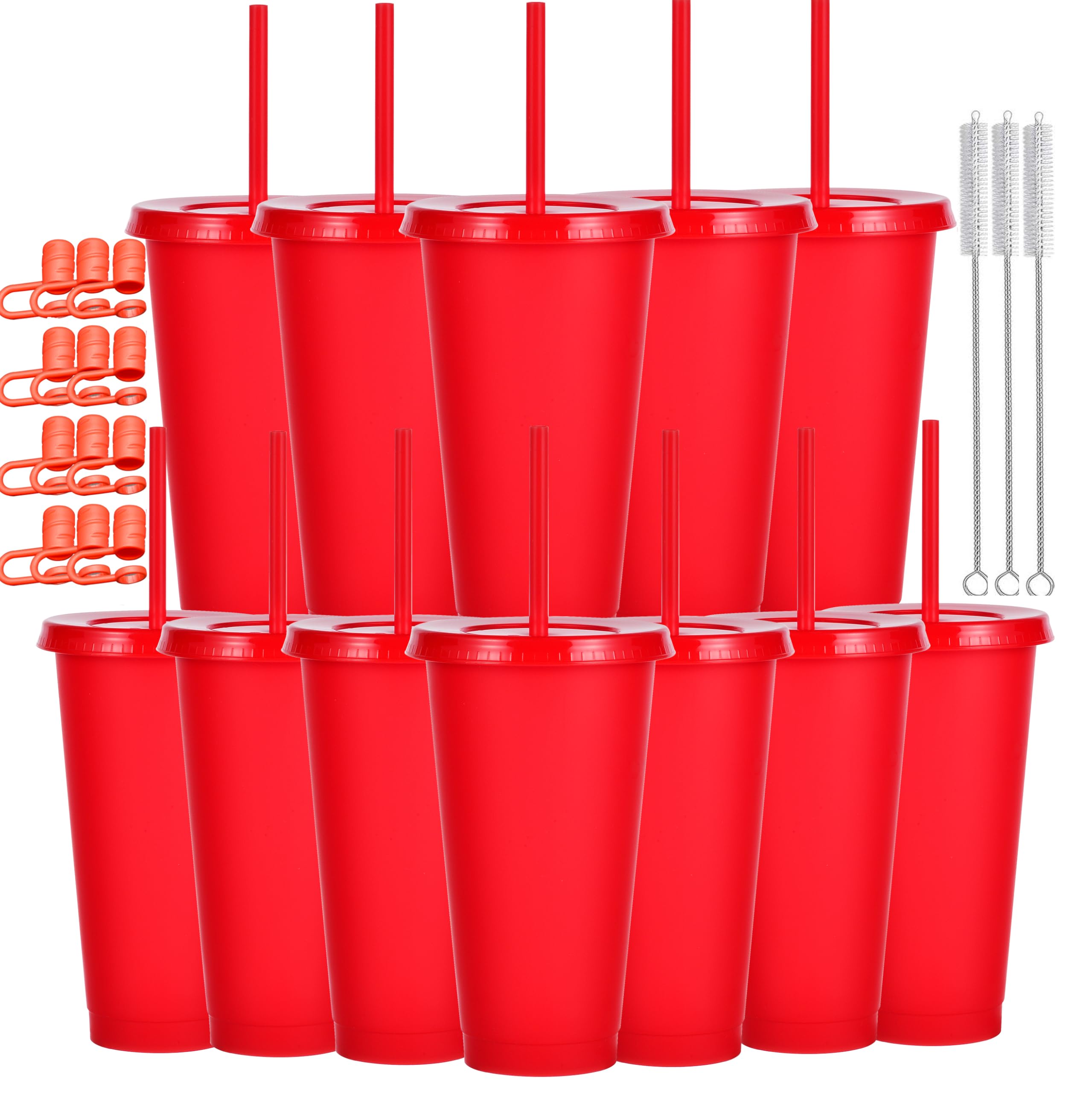 CuppaLifes 12 Pack Reusable Plastic Cups with Lids and Straws, 710ml Cold Tumbler Cups for Slushie and Drinks, Party Cups for Adults Travel Beach Picnic Birthdays (12, Red)
