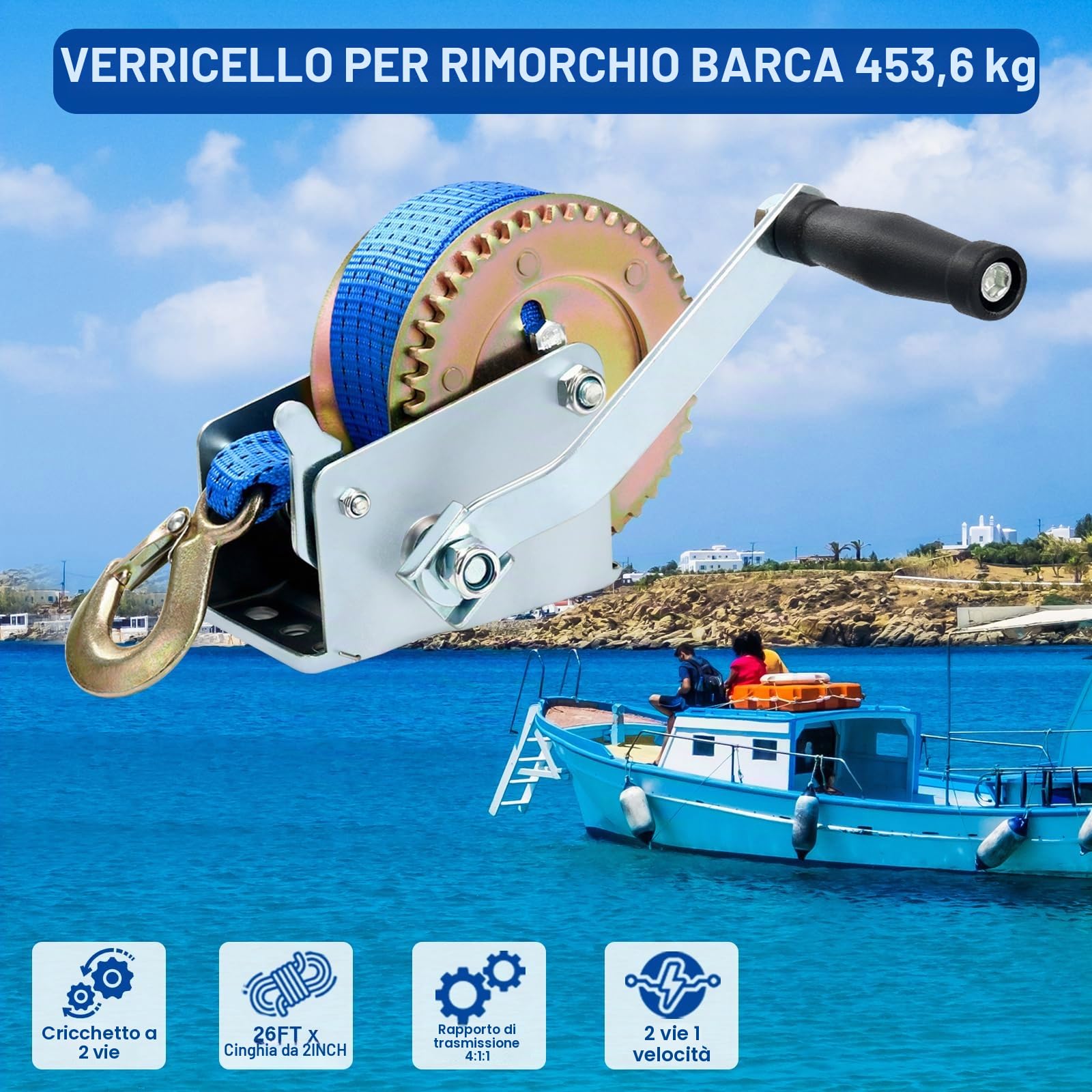 FreeTec Verricello Manuale con Cinghia 453 kg (1000lbs) con Cinturino da 8m, Argano Manuale a Fune Verricello Manuale per Rimorchio Camion Auto Caravan