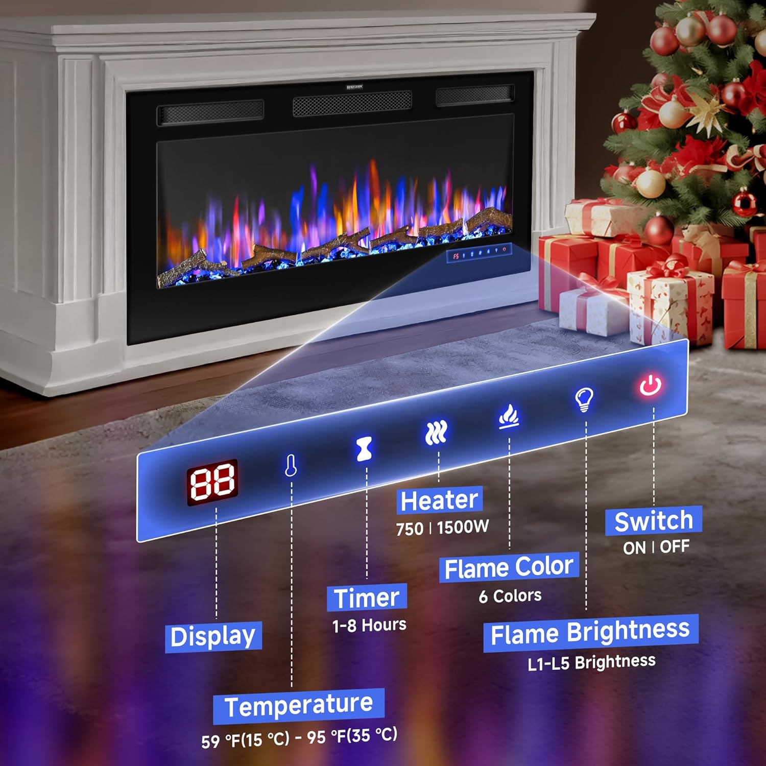 42" Electric Fireplace Inserts - Recessed Fire Place and Wall Fireplace Heater, Indoor Wall Mounted Faux Floating Fireplace with Remote Control, Adjustable Flame Color and Brightness, 750 | 1500W