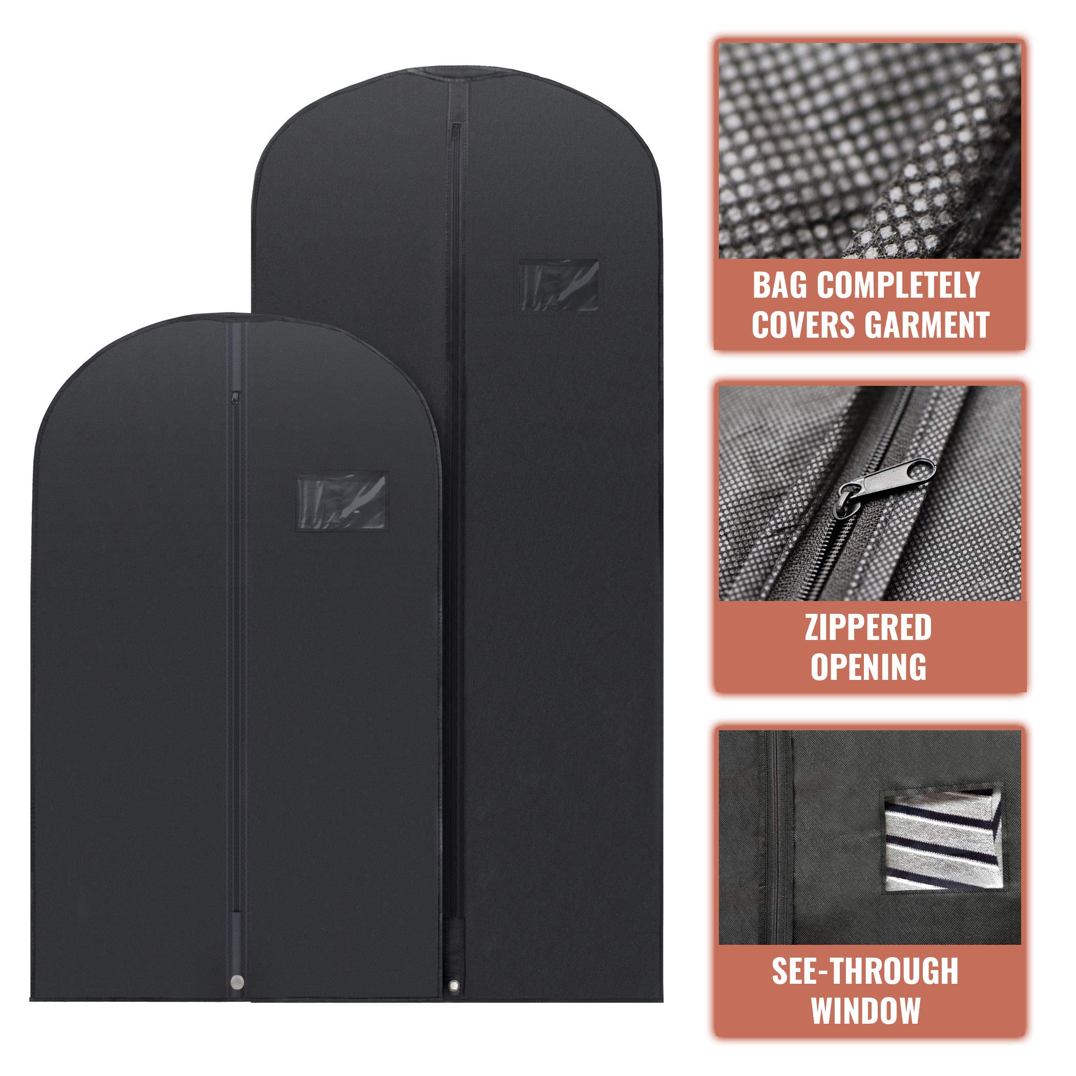PLX Schwarze Kleidersäcke zum Aufhängen von Kleidung, Herren-Anzugtasche für Reisen und Kleidung, Anzugabdeckung – Schrankaufbewahrung, lange Kleidertaschen mit Reißverschluss