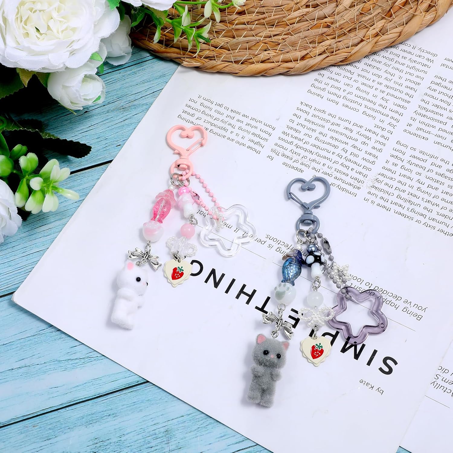 2Pcs Cute Cat Keychain Fuzzy Cat Keychain Y2K Heart Bow Pendant Star Butterfly Strawberry Bear Key Chain Aesthetic Y2K Key Ring Delicate Kitty Keychains Decor for Women Backpack Purse Phone Halloween - Image 3
