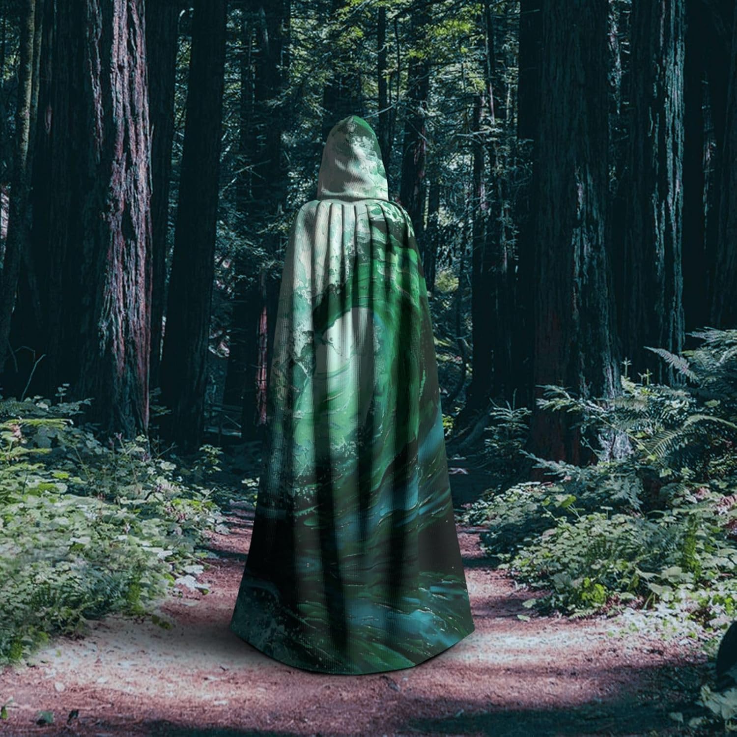 Ocean Green Wave Surf print Hooded Cape Wizard Robe Halloween Overcoat Medieval Renaissance Design Cosplay Party Costumes