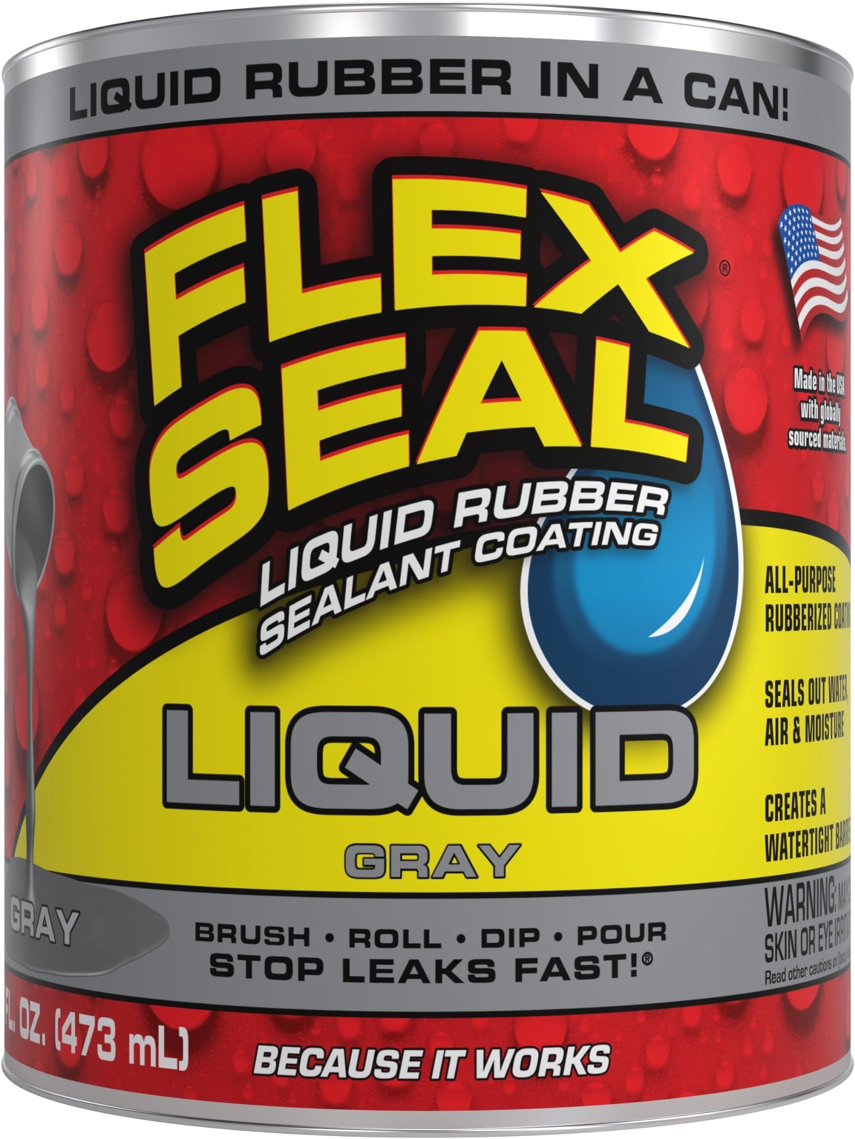 Rubber Sealant Coating, Waterproof, Gray, 16 oz | Stops leaks fast, brush, roll, dip or pour on, UV resistant, prevents rust, corrosion, roof, basement, RV, gutters, masonry
