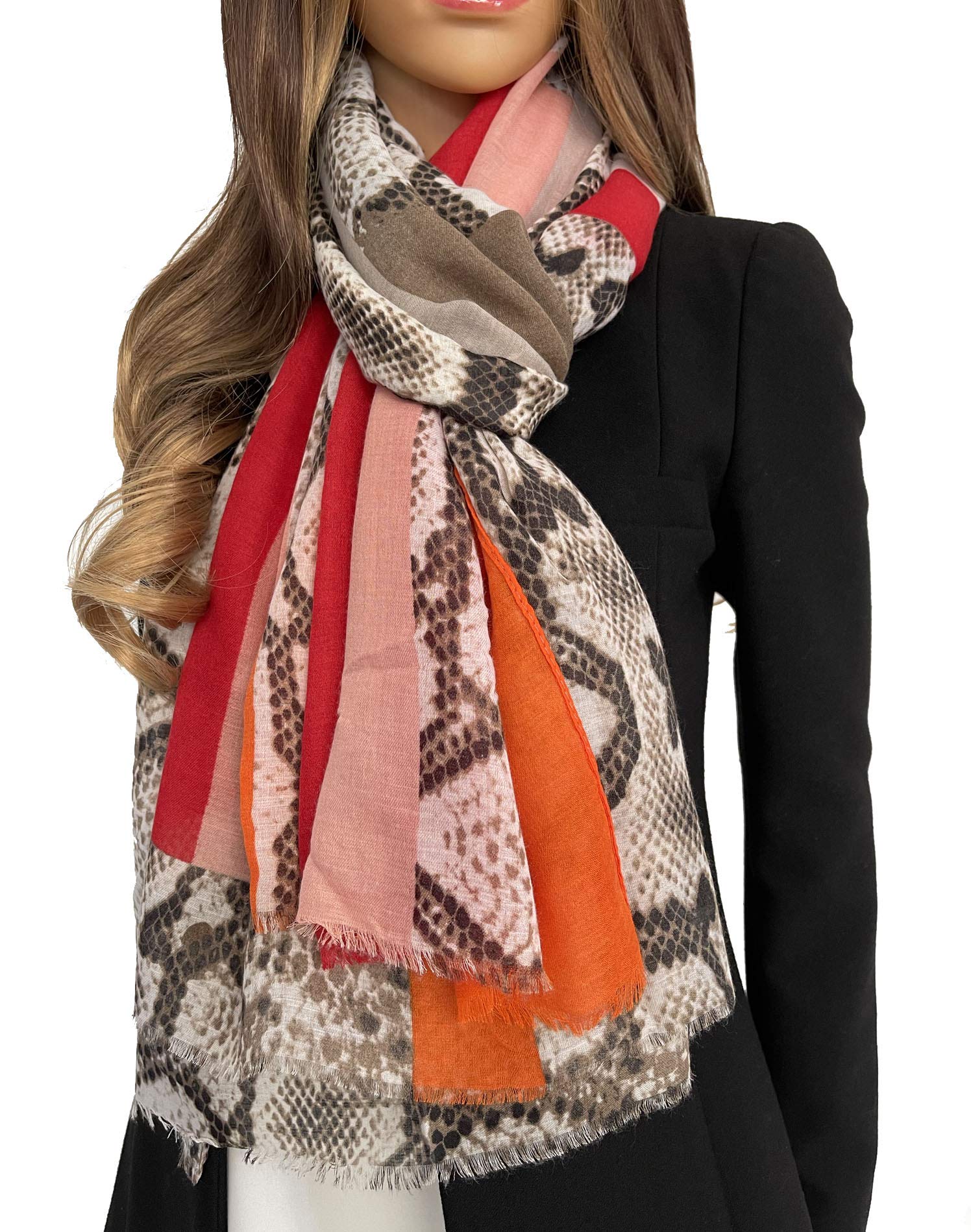The Accessory Co. Ladies Large Snakeskin Scarf for Women, Leopard Print, Animal Shawl Wrap, Lightweight Scarves, Block Print Mustard Yellow Red Orange Green Purple (Red Orange)
