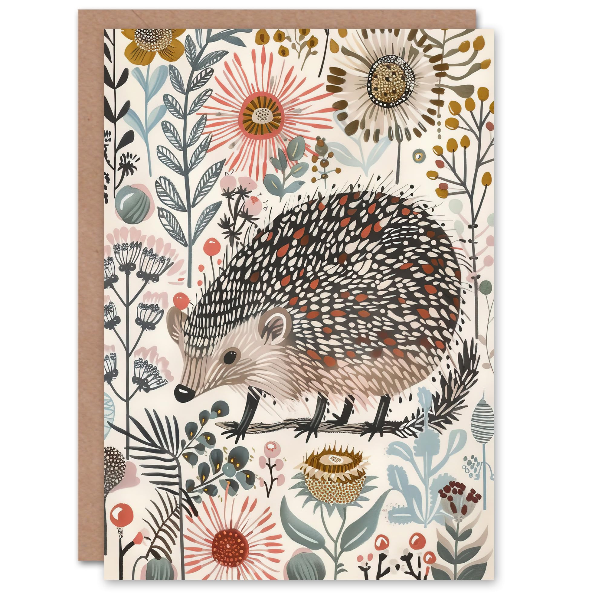 Artery8 Greeting Card Hedgehog Flowers Artwork Rustic Woodland Floral Blank For All Him Or Her Art Birthday Card