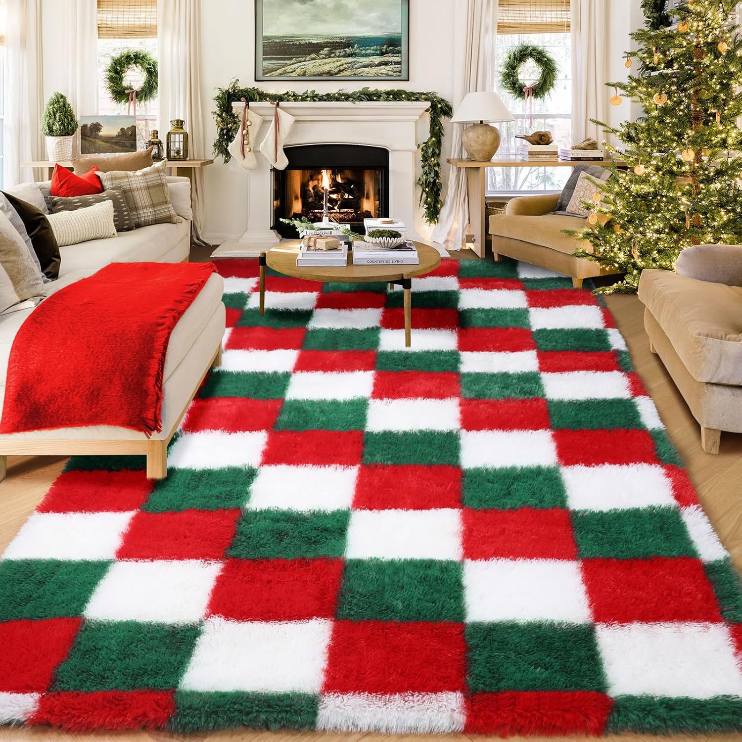 KICMOR Living Room Christmas Rugs 6x9, Large Fluffy Soft Red Green White Checkered Area Rug Big Fuzzy Plush Shag Shaggy Floor Carpets for Bedroom Teen Kids Boys Girls Room Nursery Holiday Home Decor
