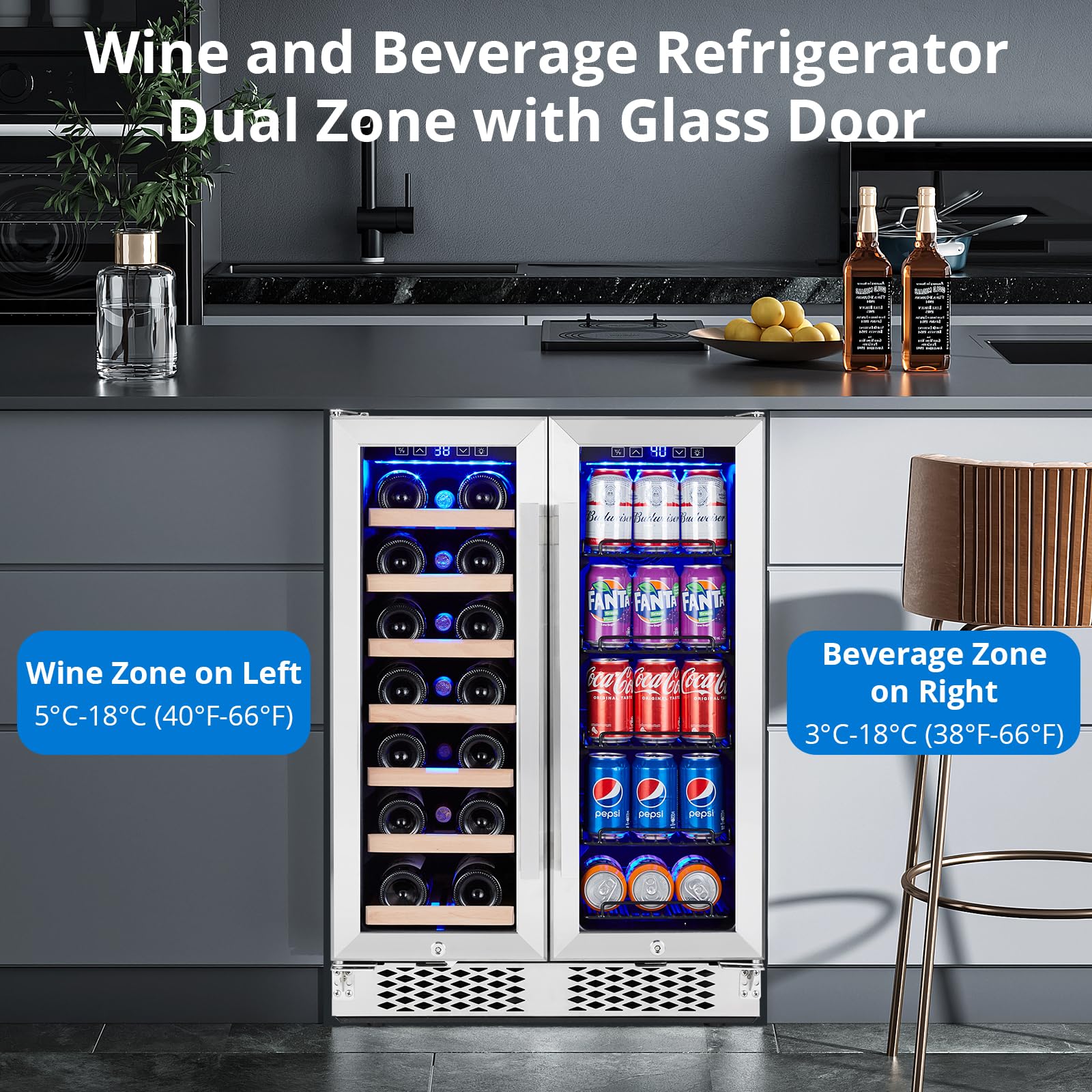 GraveeTech Wine Fridge Beverage Refrigerator, Dual Zone 78 Cans 20 Bottles Drink Fridge with Glass Door, Adjustable Shelves & LED Lights, Built-in or Freestanding Wine Cooler for Home Office Bar