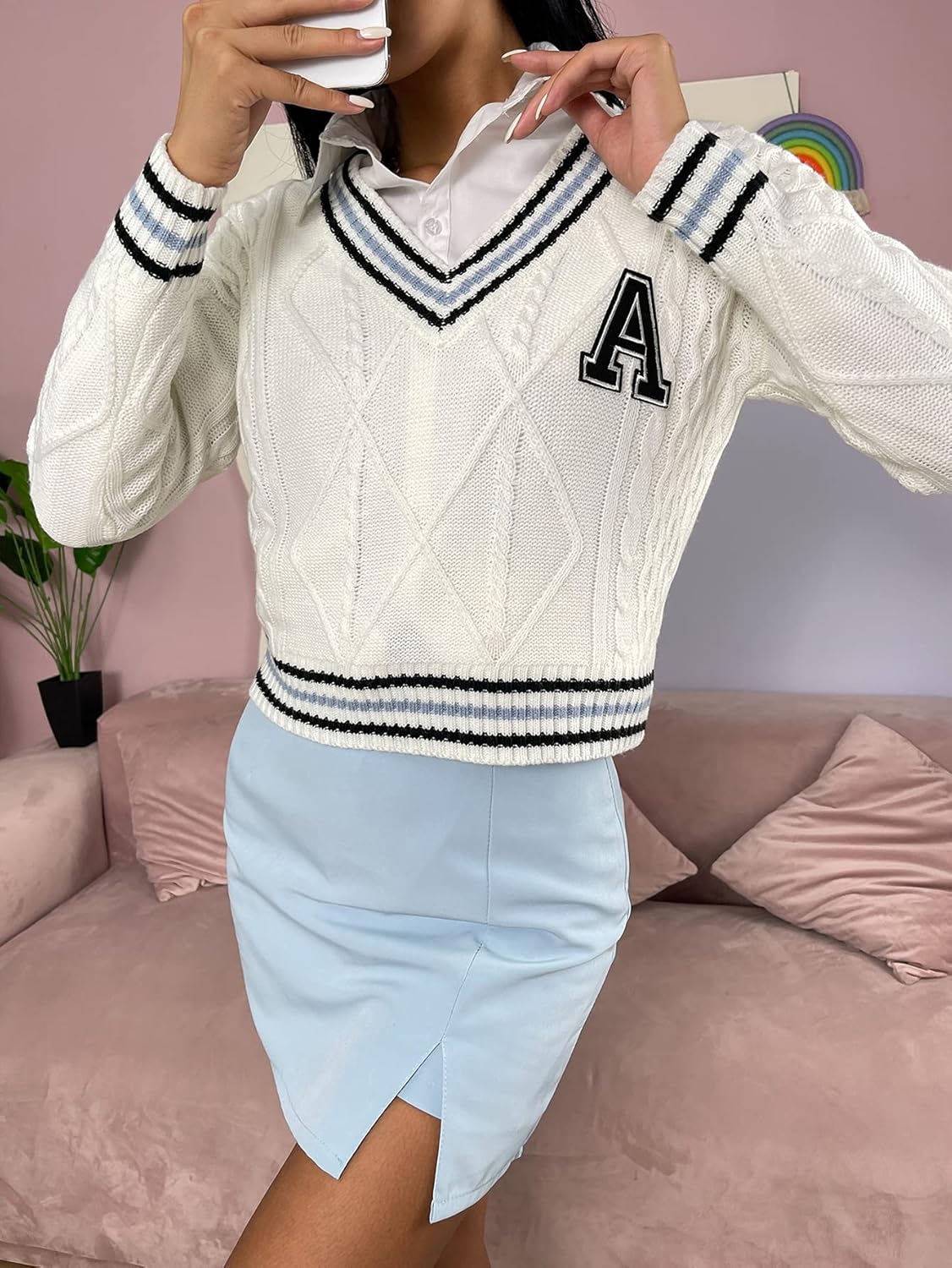 BEDAW Women's Sweater Letter Patched Striped Pattern Sweater Sweater for Women (Size : Small)