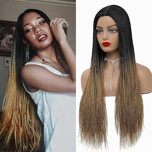 ROSEBONY Braided Wigs Long Box Braids Wig for Women Ombre Blonde #27 28 Inch Micro Box Braids Fake Scalp Wig Synthetic Black Wigs (1B/27)