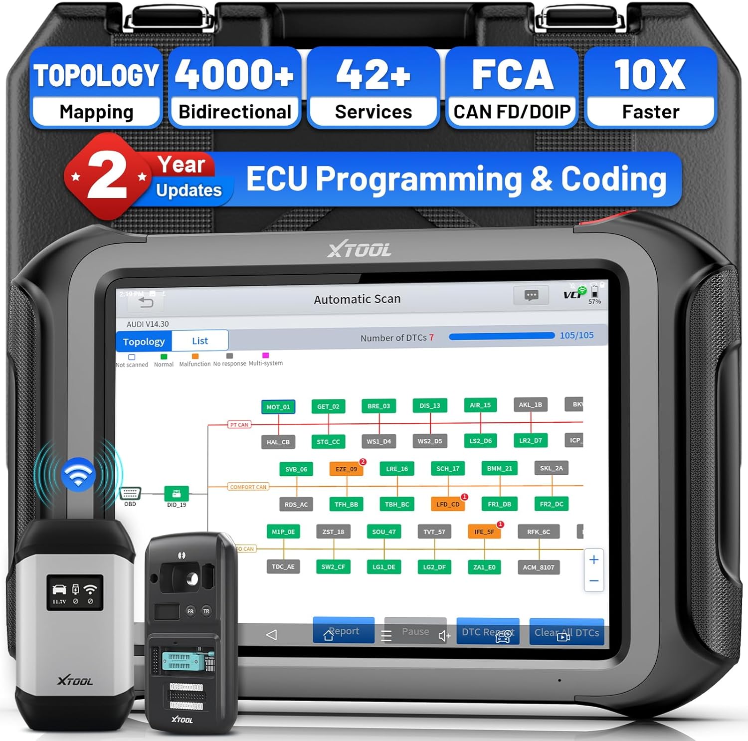 XTOOL X100 MAX AI-Assisted Bidirectional Scan Tool with ECU Pr0gramming & C0ding, Wireless Automotive Diagnostic Tool with Topology Map and [KC501 Adapter], 42+ Resets, FCA/CAN FD/DoIP, 2-Year Updates