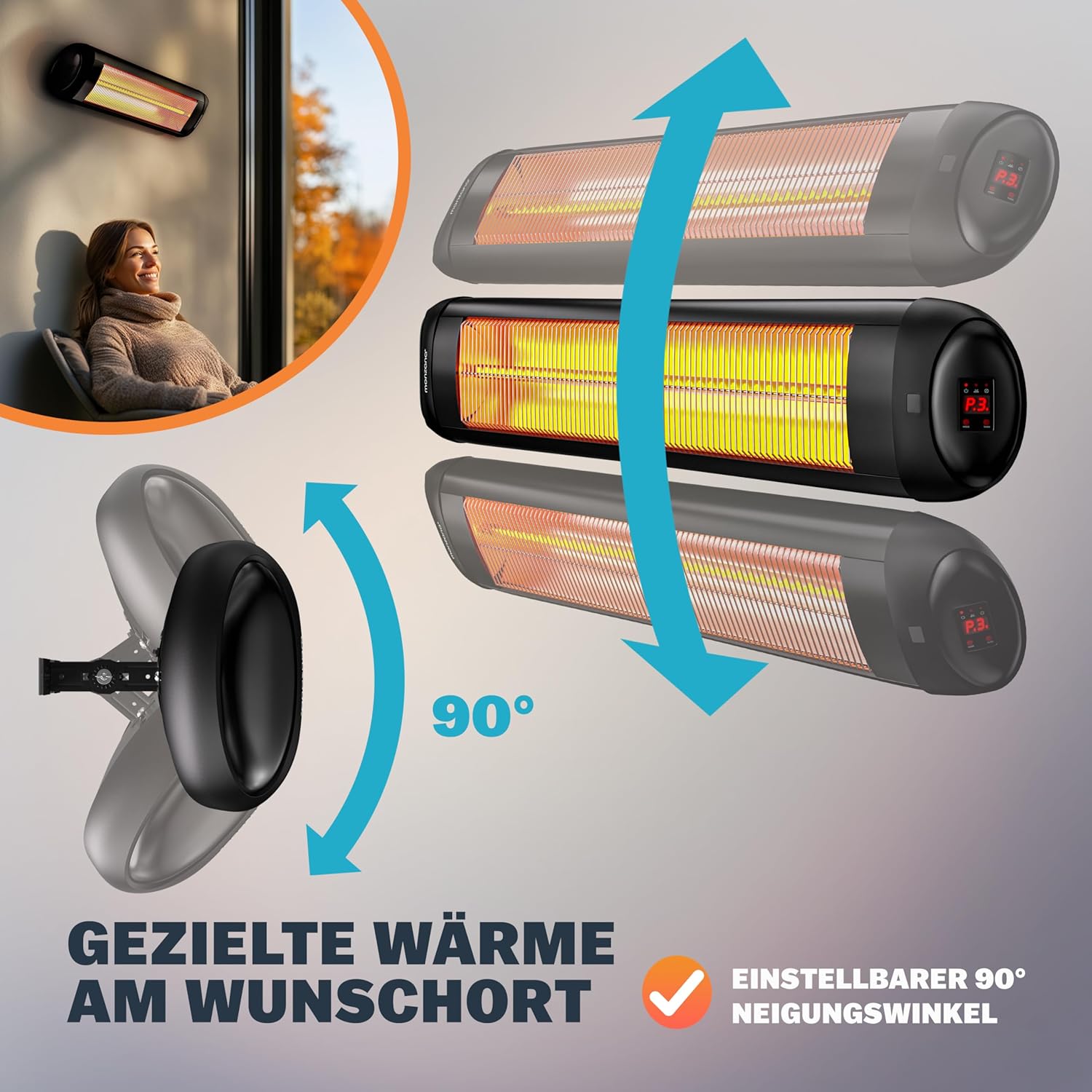 Diagram showing the 90 degree adjustable inclination of the Monzana MZH2501 heater