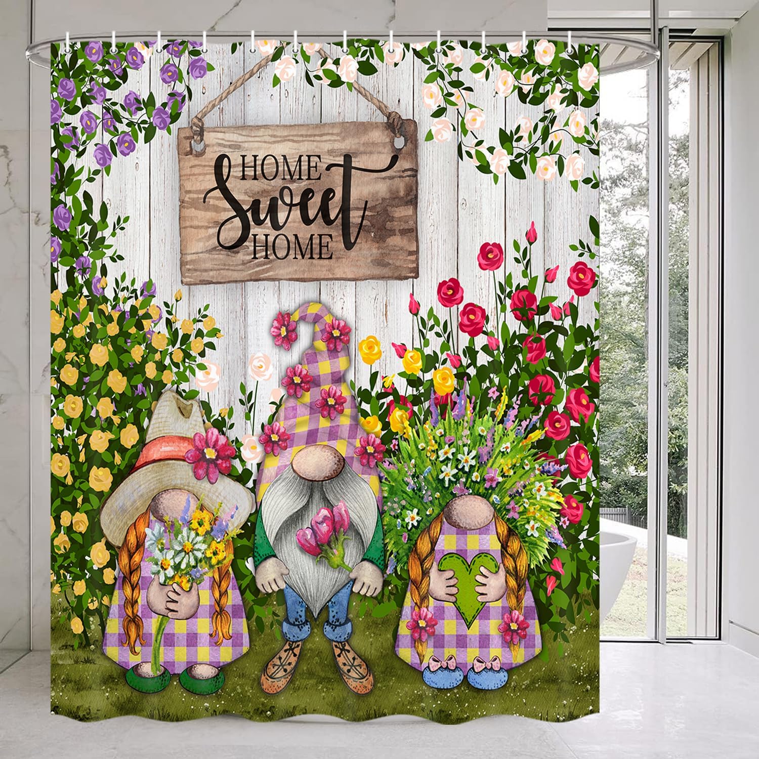 Farmhouse Gnomes Shower Curtain, Green Leaves with Floral Shower Curtain Set for Bathroom, Rustic Spring Fabric Shower Curtain Restroom Bathtub Decor Accessories with Hooks 72X 75 inch