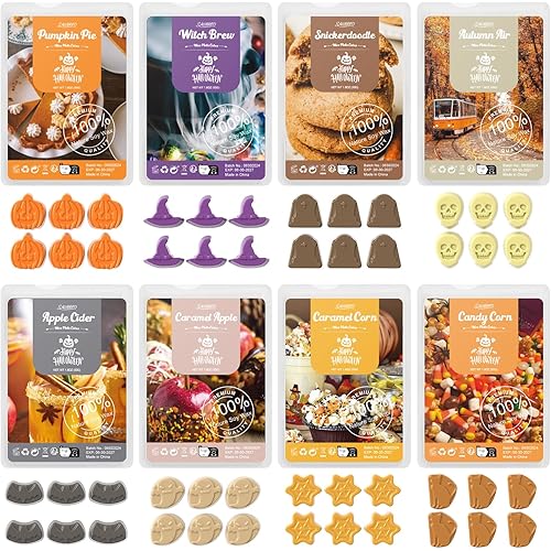SALUBRITO Halloween Scented Wax Melts, Strong Scented Soy Wax Cubes/Tarts Variety Set for Fall- Pumpkin Pie, Caramel Apple, Caramel Corn, Apple Cider, Snickerdoodle, Candy Corn, Autumn Air, Witch Brew
