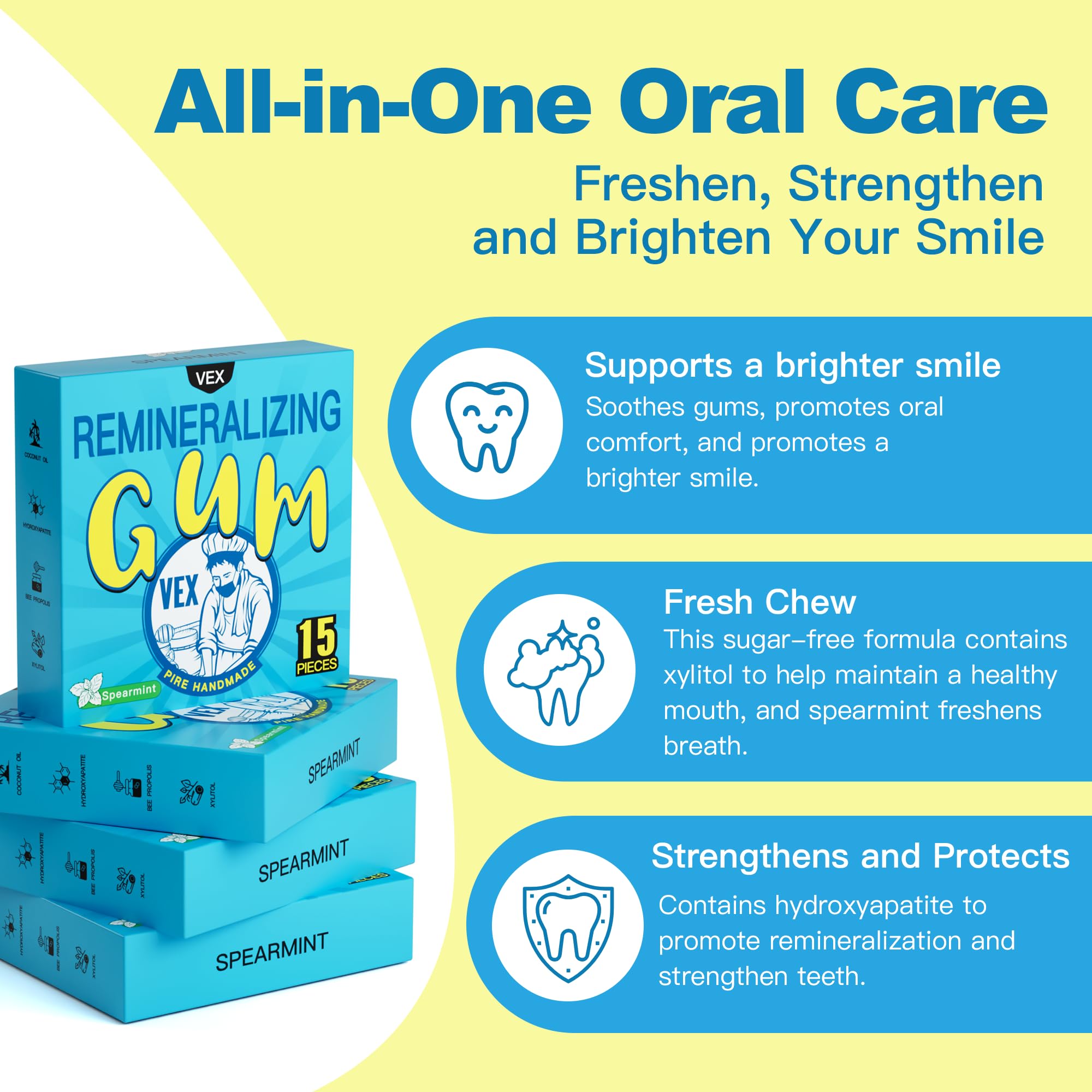 VEX Remineralizing Gum with Nano Hydroxyapatite Supports Fresh Breath and Oral Health, Xylitol Handmade Chewing Gum for Enamel Protection Sugar Free Aspartame Free Gluten Free (90, Mastic Mint)