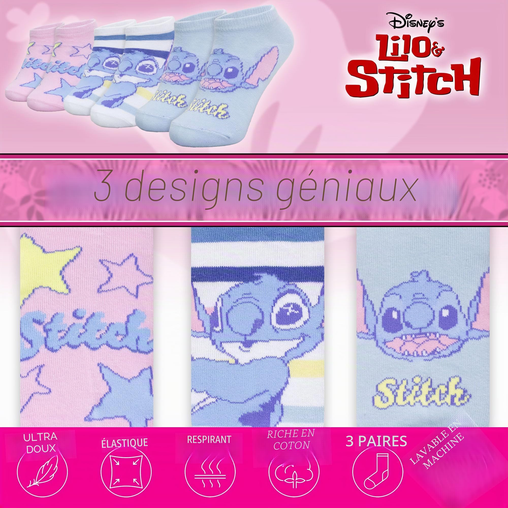 Disney Lot de 3 paires de chaussettes pour fille Lilo et Stitch coton fille 7117