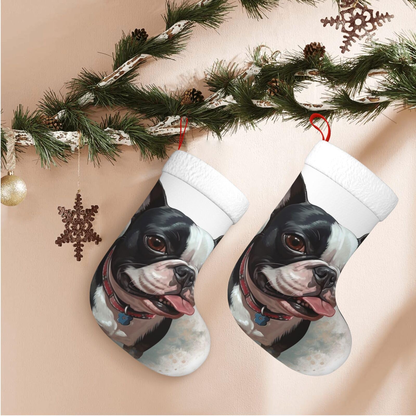 17.7" Christmas Stocking 1 Piece, Boston Terrier Xmas Stockings with White Plush Cuff Fireplace Hanging Stocking for Christmas Holiday Party Decoration