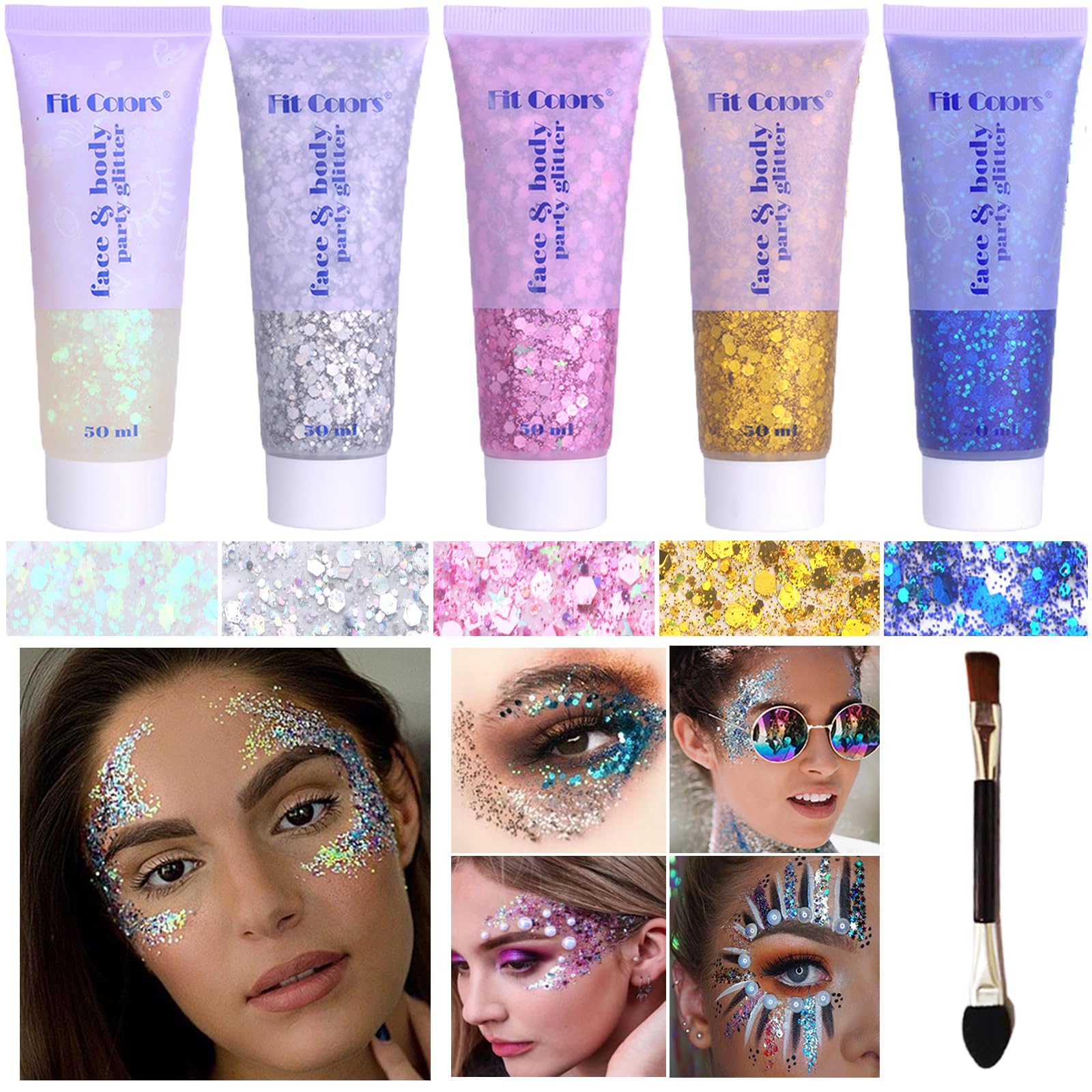 Body Glitter Face Glitter Gel: Singer Concerts Disco Festival Rave Accessories Face Glitter Makeup Chunky Sequins Mermaid Face Body Hair Glitter Gel (