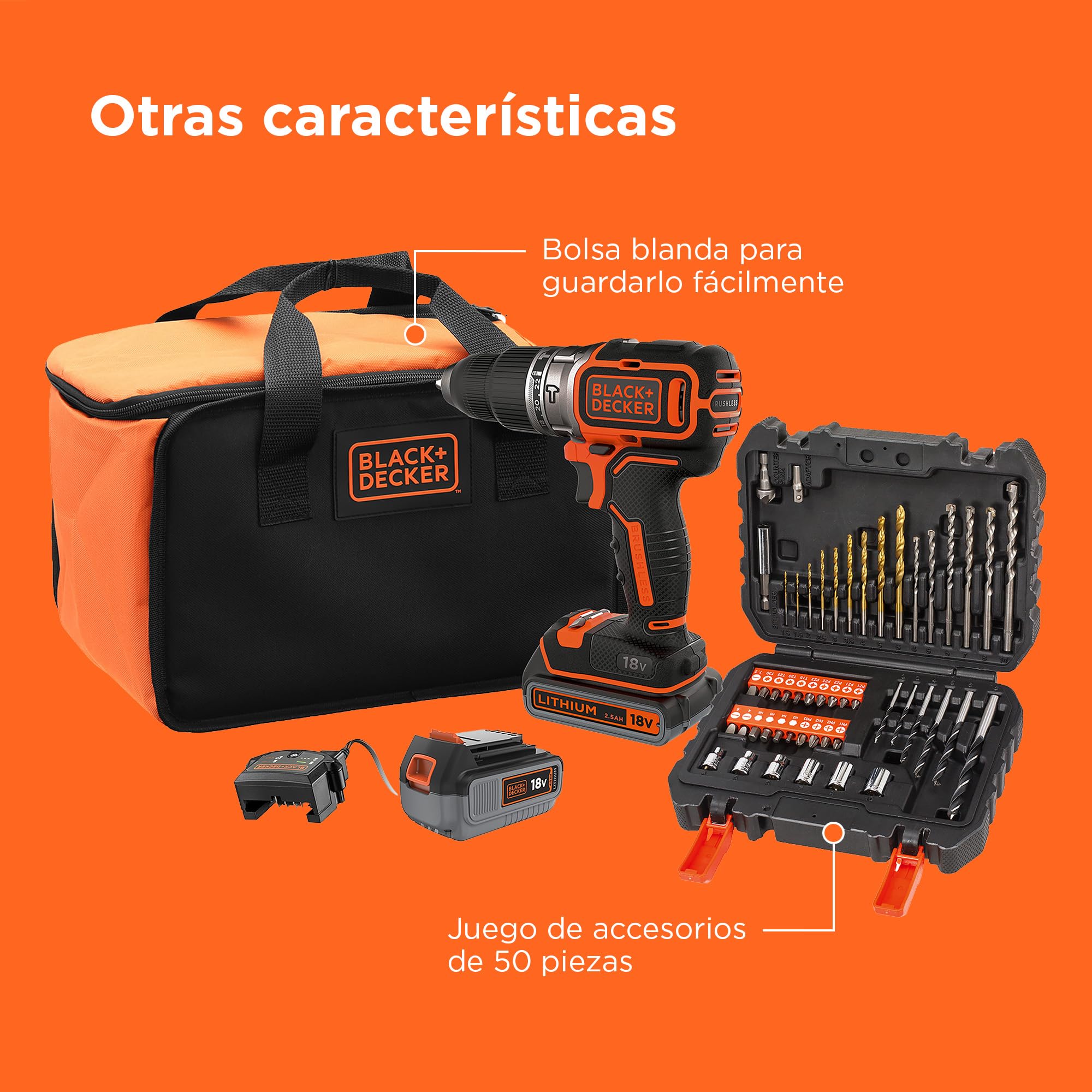 BLACK+DECKER Taladro Percutor sin Escobillas de 18V con 1 Batería de 4.0Ah y 1 Batería de 2.5Ah, 50 Accesorios, Cargador Rápido de 1A y Bolsa de Transporte, BL188ME2SA-QW