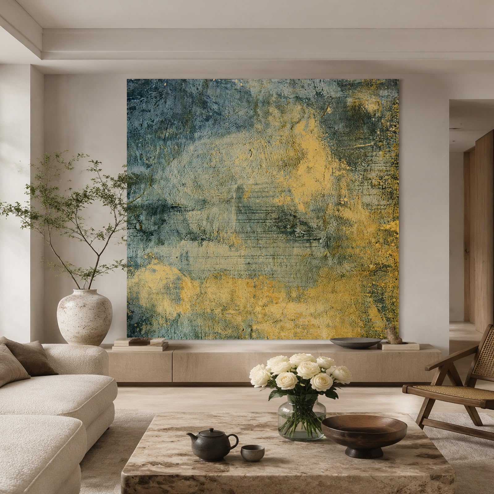 Generisch Dywan ścienny, dekoracja ścienna, do sypialni, salonu, 160 x 200 cm, abstrakcyjny styl vintage, żółty, szary, czarny