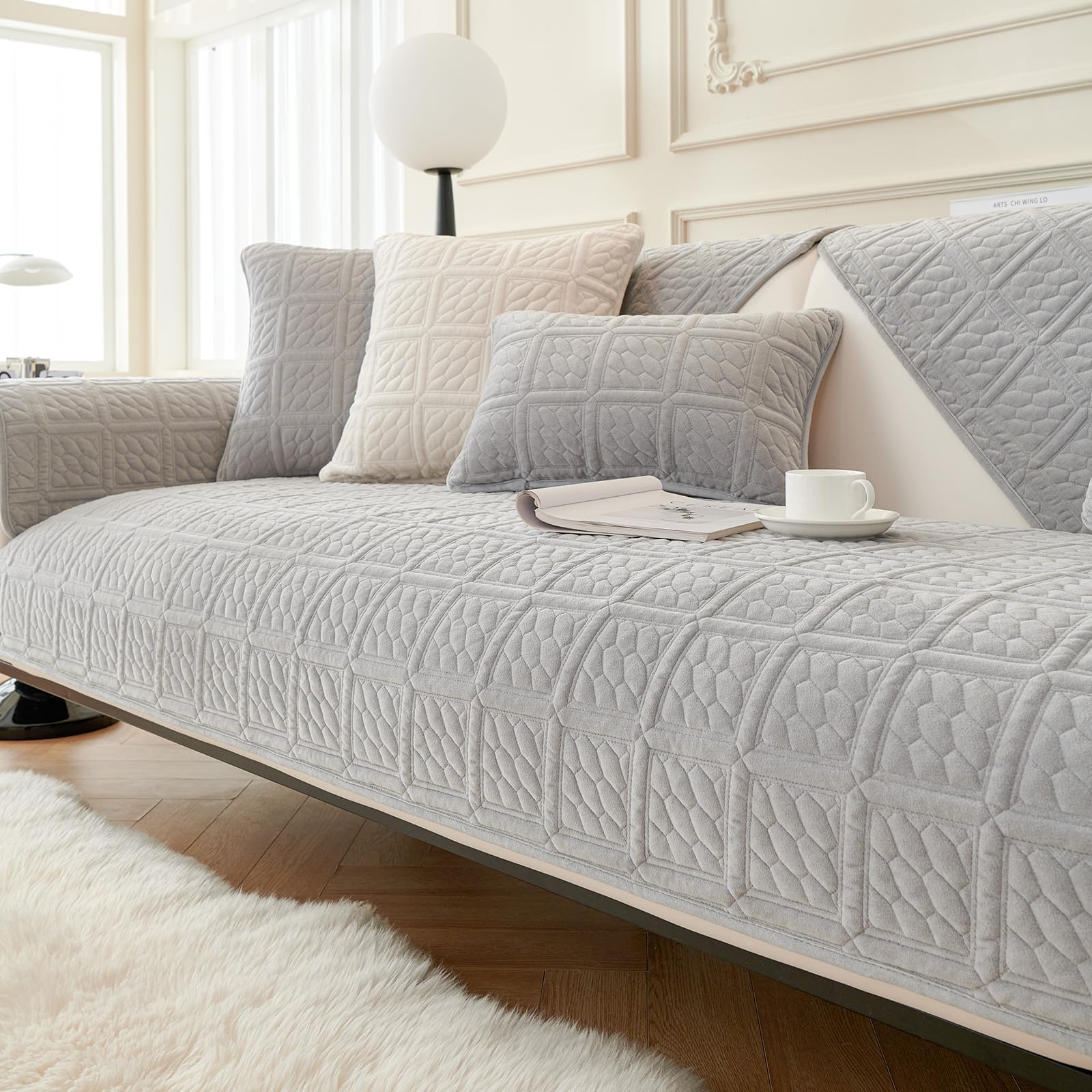 LINGKY New Crystal Velvet Soft Sofa Cover 1 2 3 Seater, Universal Couch Covers Non-Slip Corner Sofa Cover L Shape Sofa Slipcovers Furniture Protector for Living Room (Light Grey, 110x110cm) — image 1