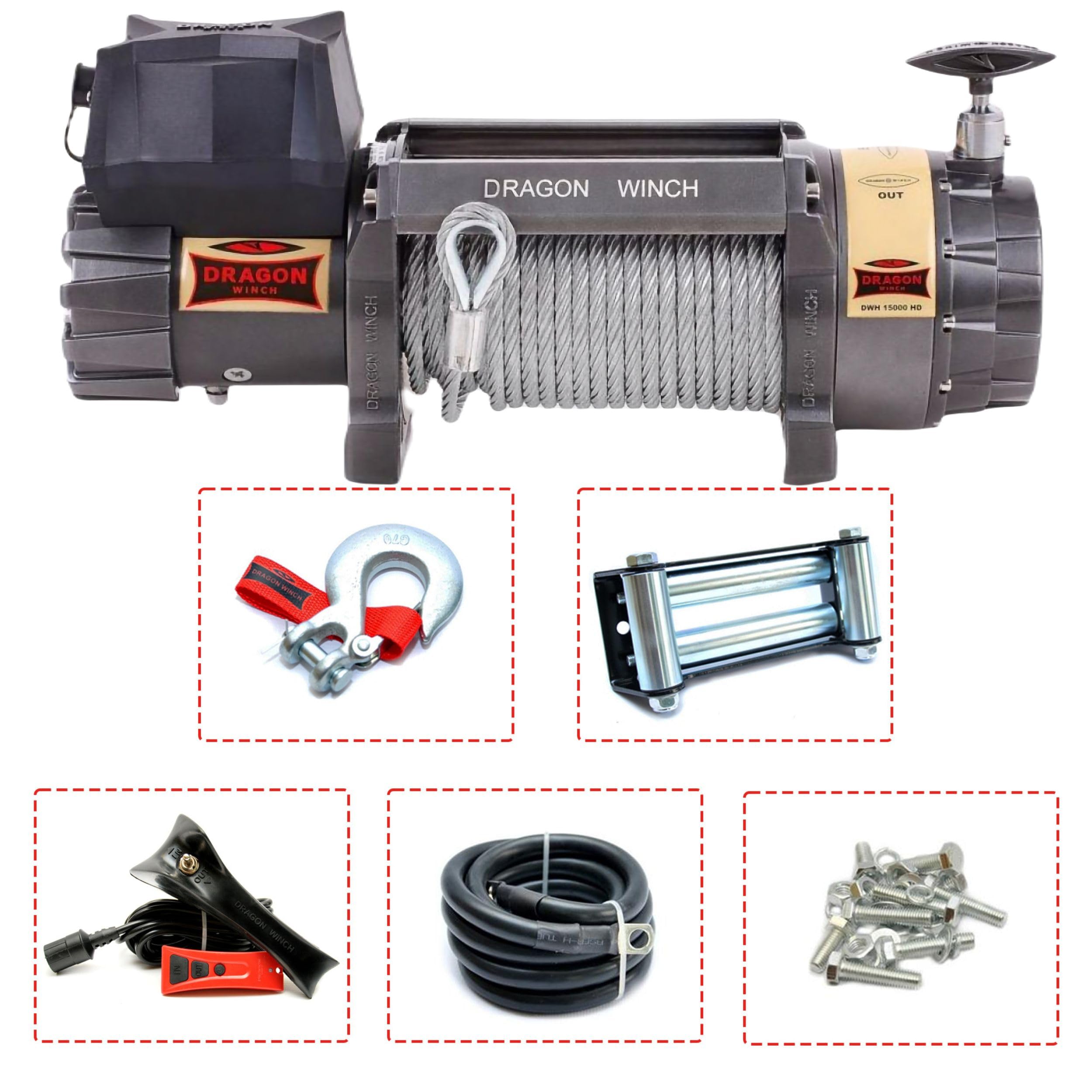 Dragon Winch Treuil électrique série Highlander 15000 lbs (6803 kg), 12V câble en acier 28m pour les véhicules tout-terrain, les SUV | treuil étanche | télécommande filaire et sans fil + accessoires