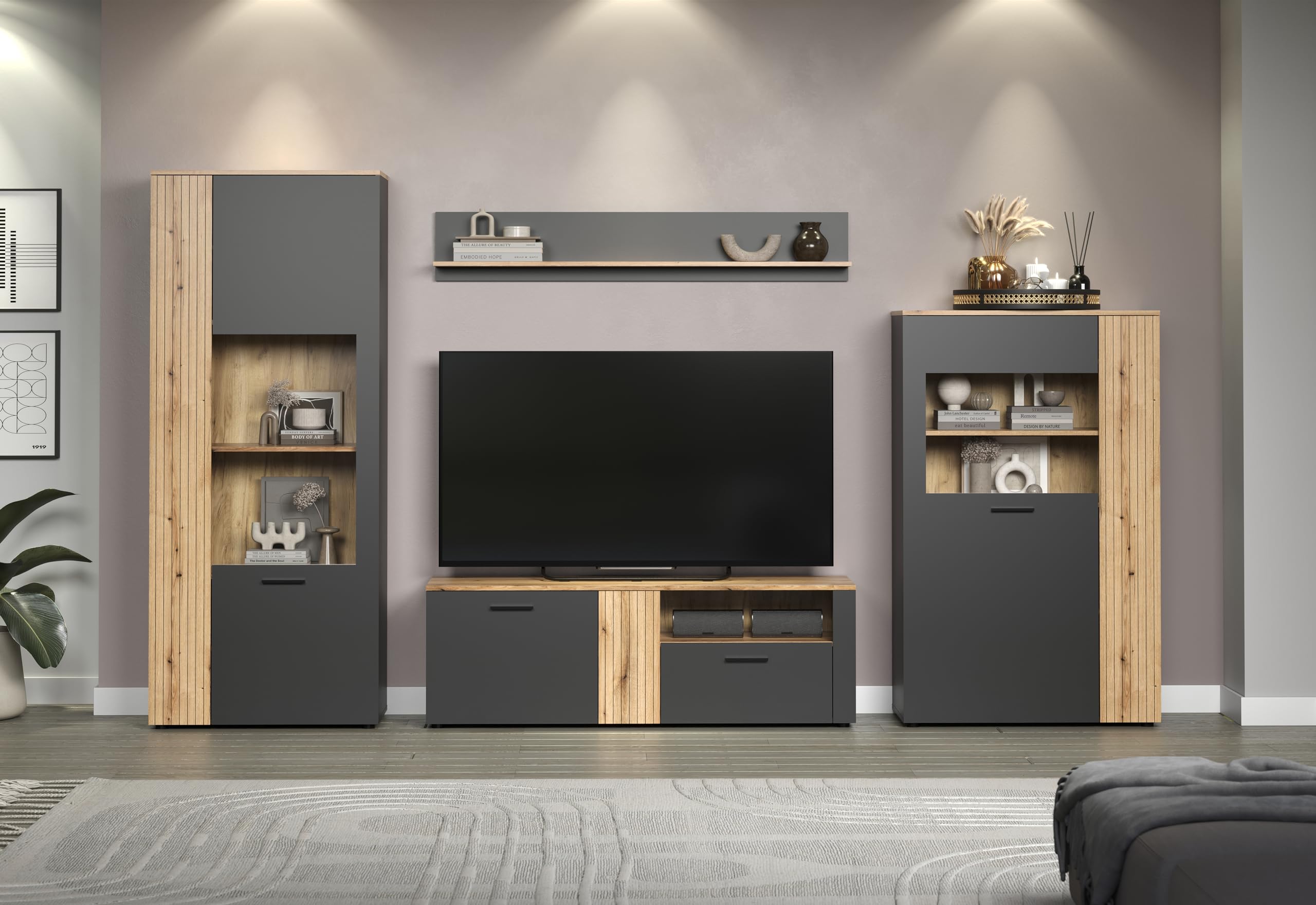 trendteam smart living - Esteban - Vitrine - Anthrazit/Eiche - Standvitrine in Rillenoptik - (BxHxT) 80 x 195 x 42 cm - eleganter Wohnzimmerschrank mit 6 Fächern