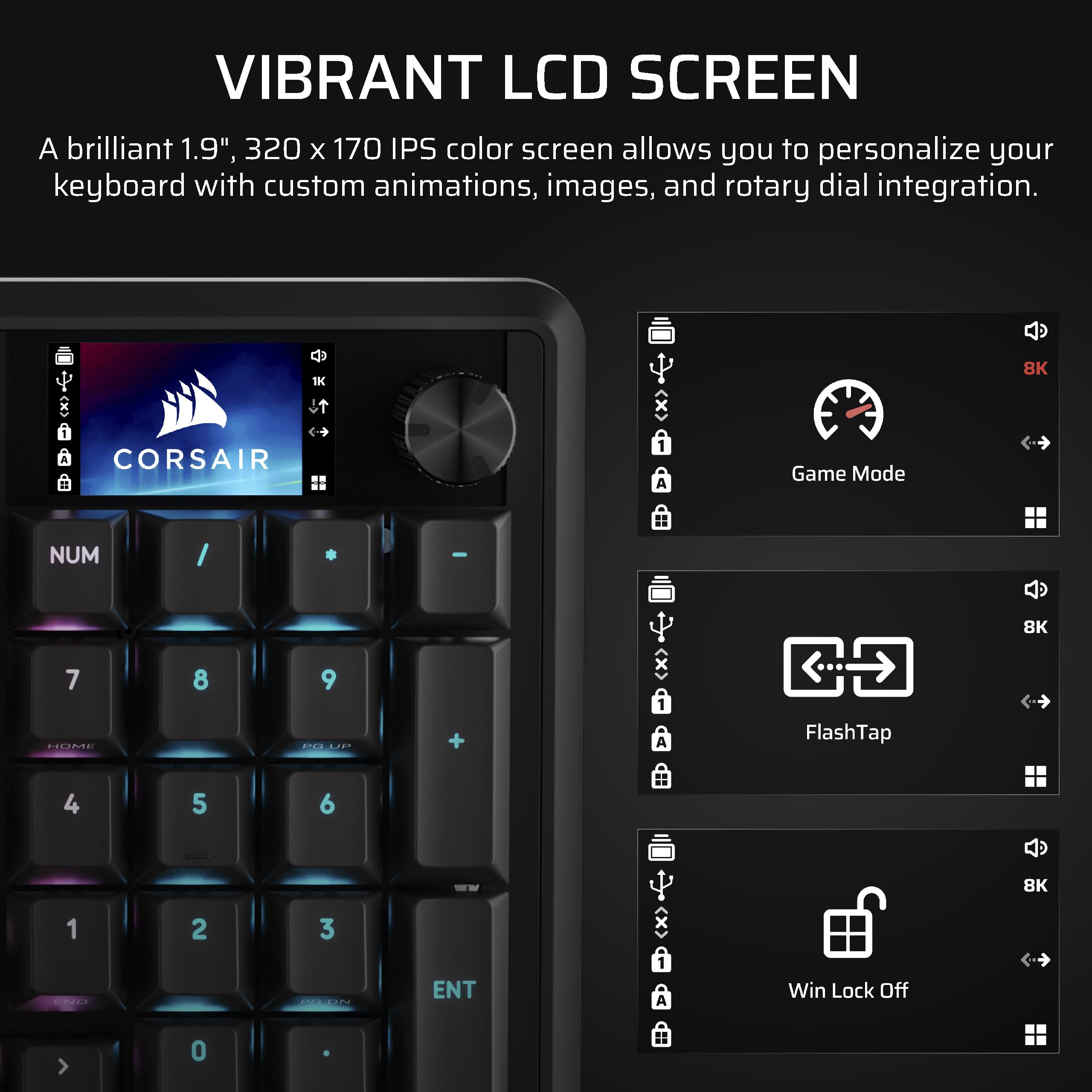 Corsair Vanguard 96 przewodowa mechaniczna klawiatura do gier – układ 96%, liniowe przełączniki plazmowe MLX, sondowanie 8000 Hz, wyświetlacz LCD, wirtualny stream, klawisze G, SOCD Flashtap, QWERTY
