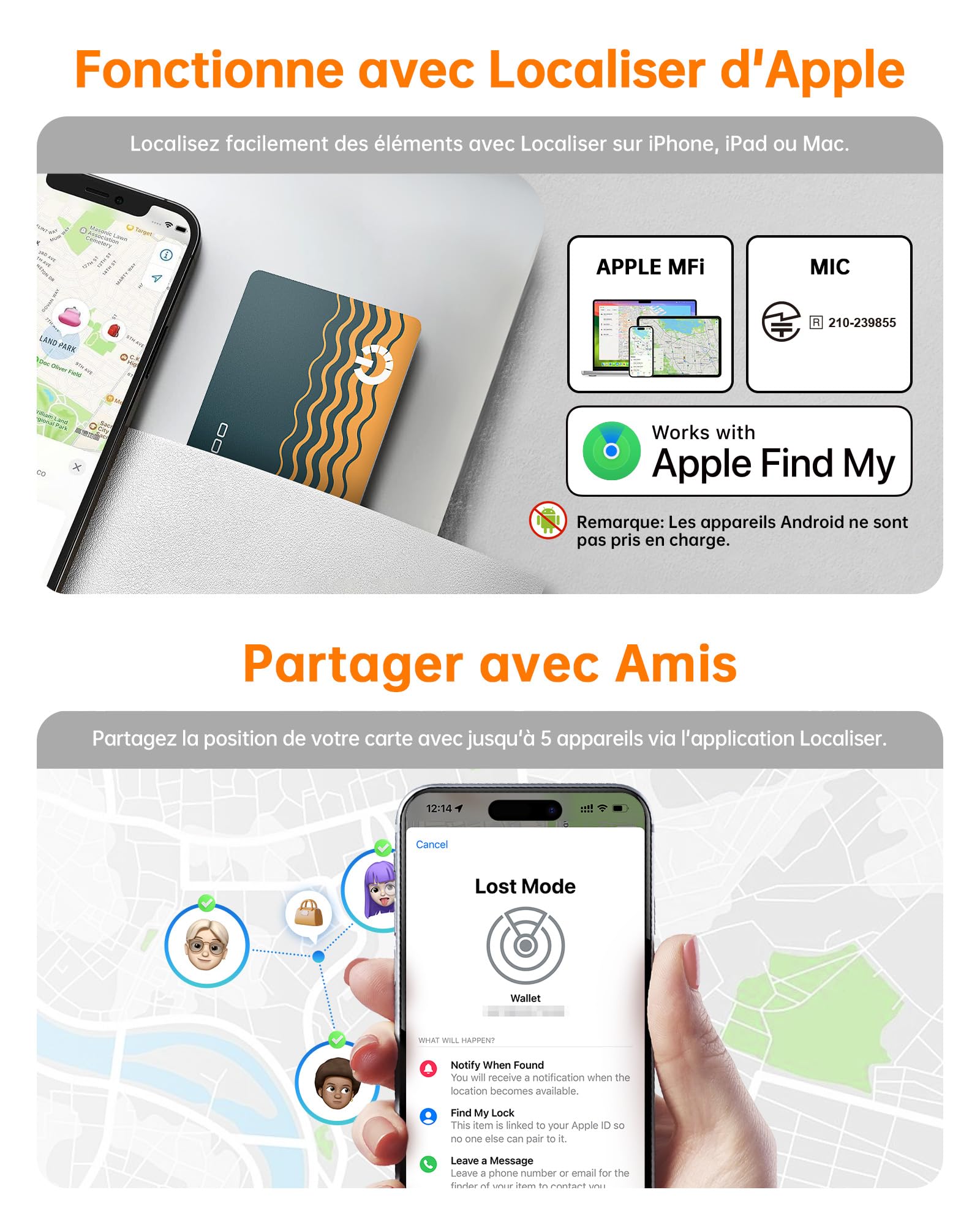 NOVOO Apple Find My Portfel Tracker (zestaw 2 sztuk) - Ultracienki tracker powietrza 1,6 mm, akumulator 6 lat, wodoodporny IP68, alarm 80dB, lokalizacja portfela Bluetooth, do portfela i bagażu