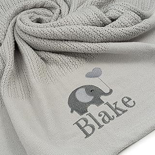 Lobeko Personalised Baby Cellular Blanket 100% Cotton Breathable Summer Swaddle Blanket for Newborn Custom with Name or Name & Elephant 70x105cm Pink, Blue, Grey (Grey)