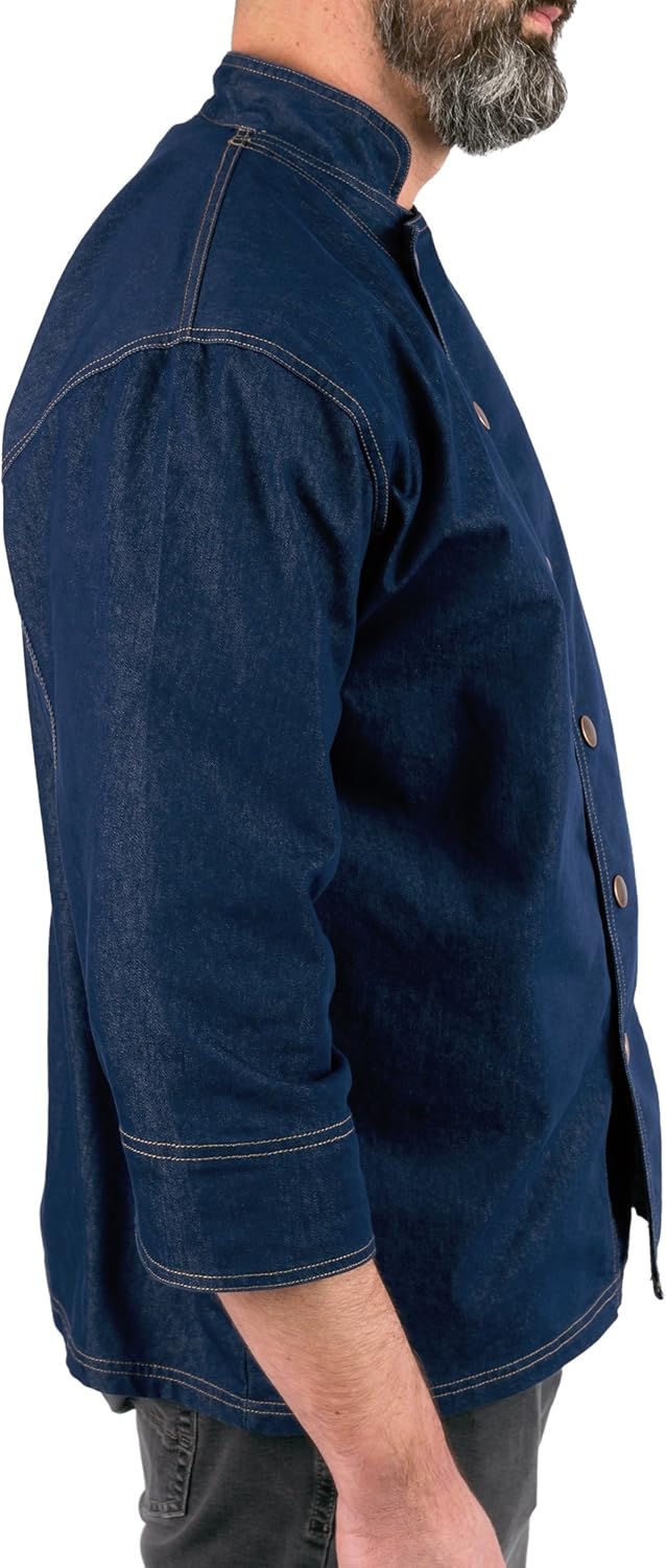 KNG Denim Snap Front Chef Coat - Blue, Unisex Adults - 3/4 Sleeve, Trench Coat - XXL