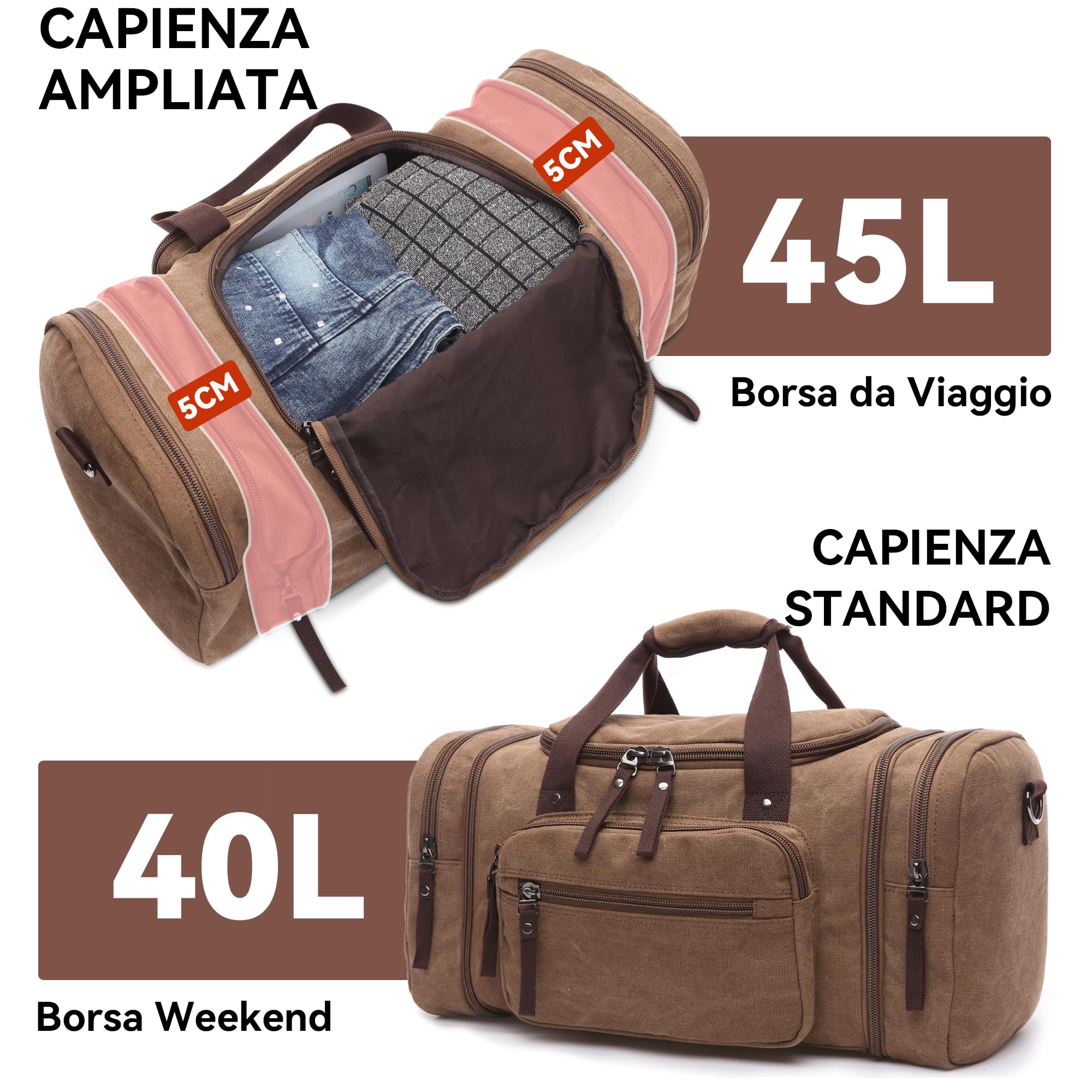 Moda Espandibili Borsone da Viaggio Uomo 40L Grande Borsone Palestra con Tracolla Molteplici Tasche pour Vacanza All'aperto Campeggio Uomo Tela Borsone da Sportiva Marrone