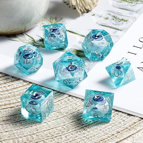 Miniatura 3 de DNDND Dados DND de resina líquida de borde afilado con estuche de regalo para juego de mazmorras y dragones (azul con globo ocular)