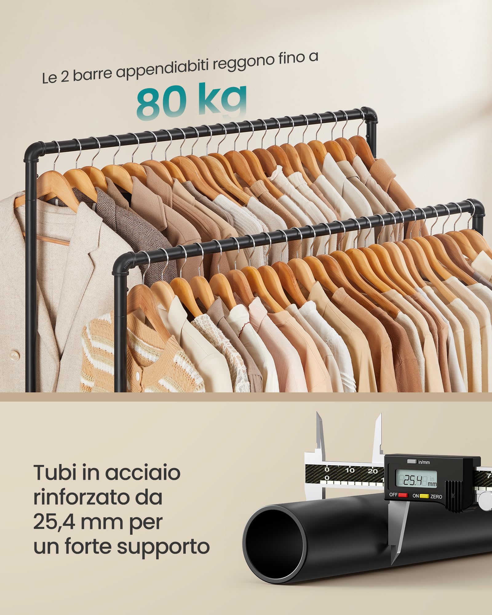 SONGMICS Stand Appendiabiti a Doppia Barra, Struttura in Metallo, 59 x 100 x 162 cm, con Ripiano Portaoggetti e Rotelle, 2 Ruote con Freni, Portata fino a 110 kg, Nero HSR60B