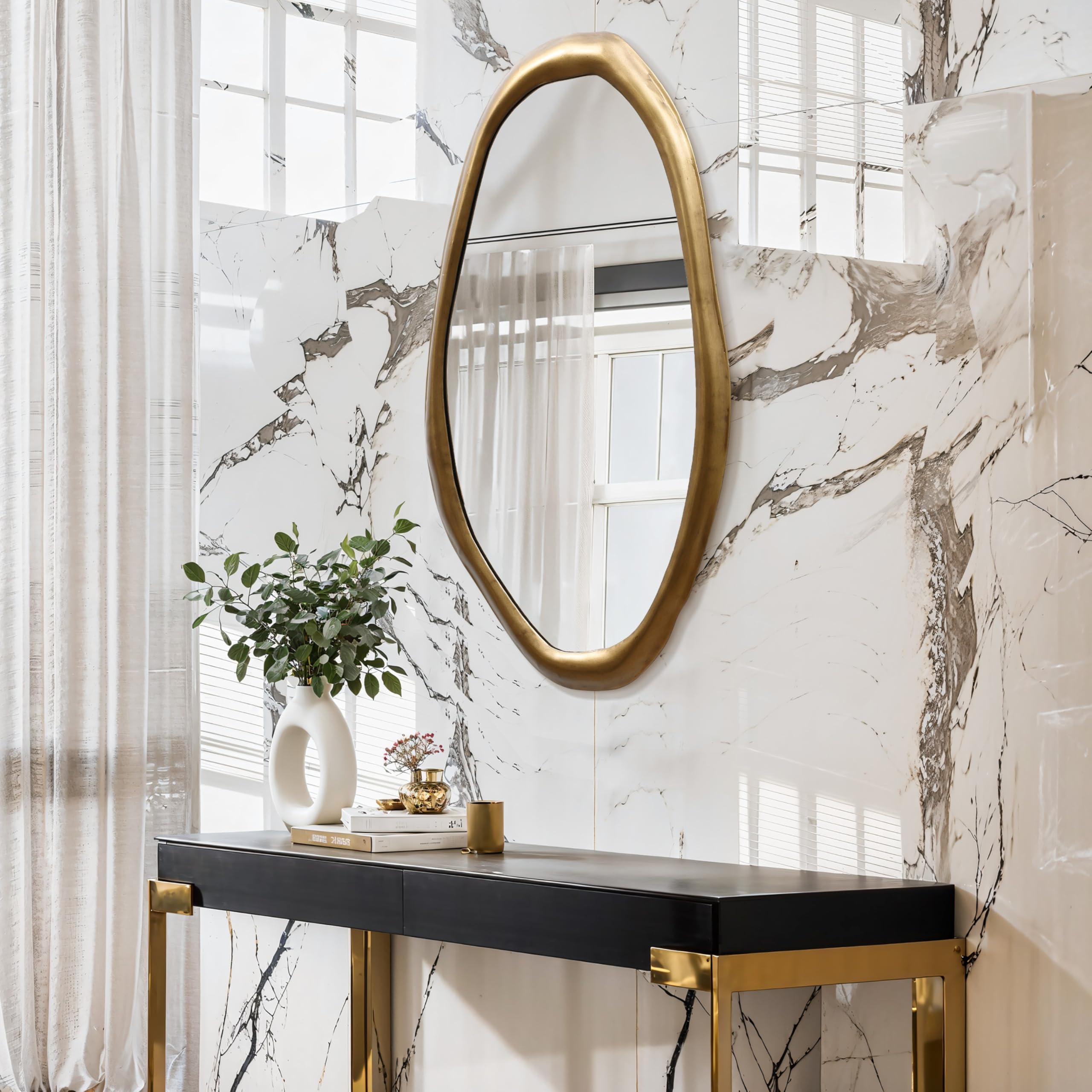 Hometopia Spiegel Asymmetrisch Gold 75x40 cm Dekorative Wandspiegel | Modern HD Spiegelglas Badspiegel mit Metallrahmen, Unregelmäßiger Spiegel für Flur Bad Badezimmer Schlafzimmer Wohnzimmer