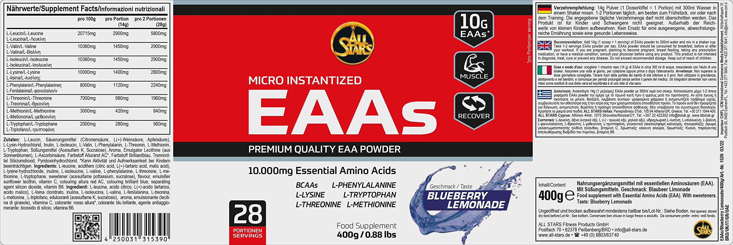 All Stars EAAs Powder, Blueberry Lemonade, 1er Pack (1 x 400 g)