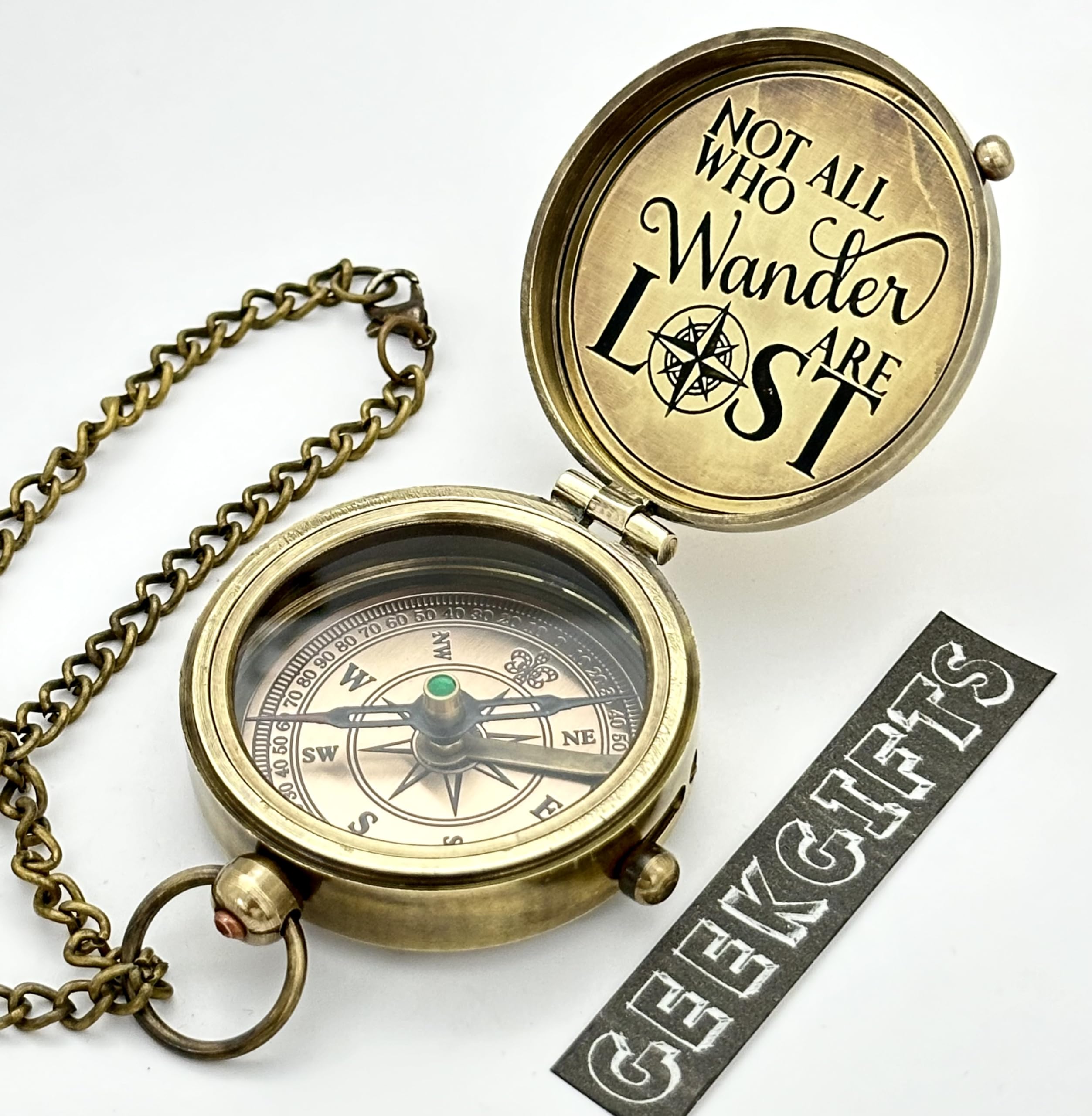 Brújula de bolsillo – Brújula de latón – Brújula grabada – Not All Wander are Lost – Regalo retro steampunk, brújula náutica con caja de cuero