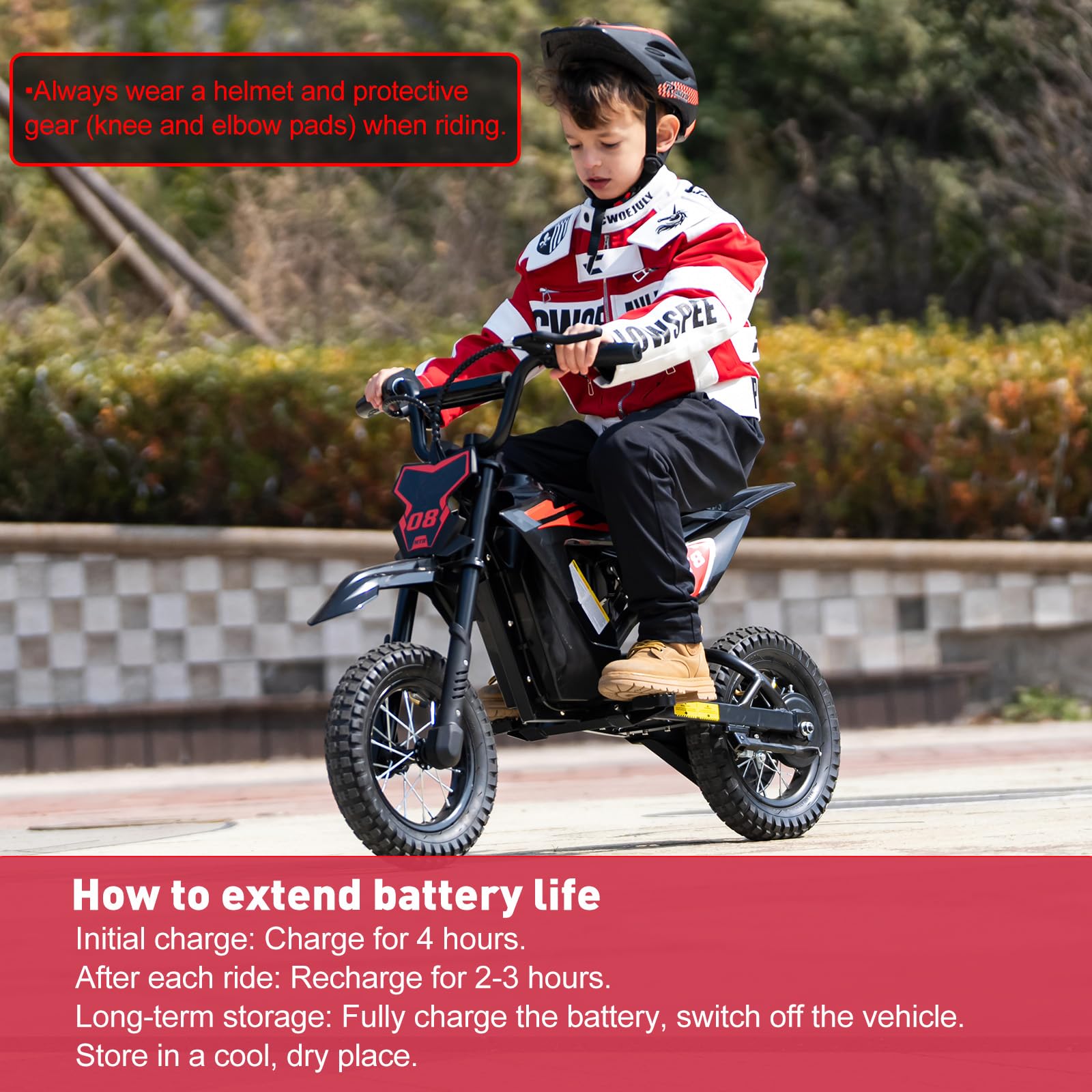 Moto Eléctrica para Niños 300W, 3 Velocidades 8/12/25 km/h, Batería 36V 5,2Ah, Autonomía hasta 18 km, Neumáticos 12 Pulgadas, Freno de Tambor, hasta 60 kg