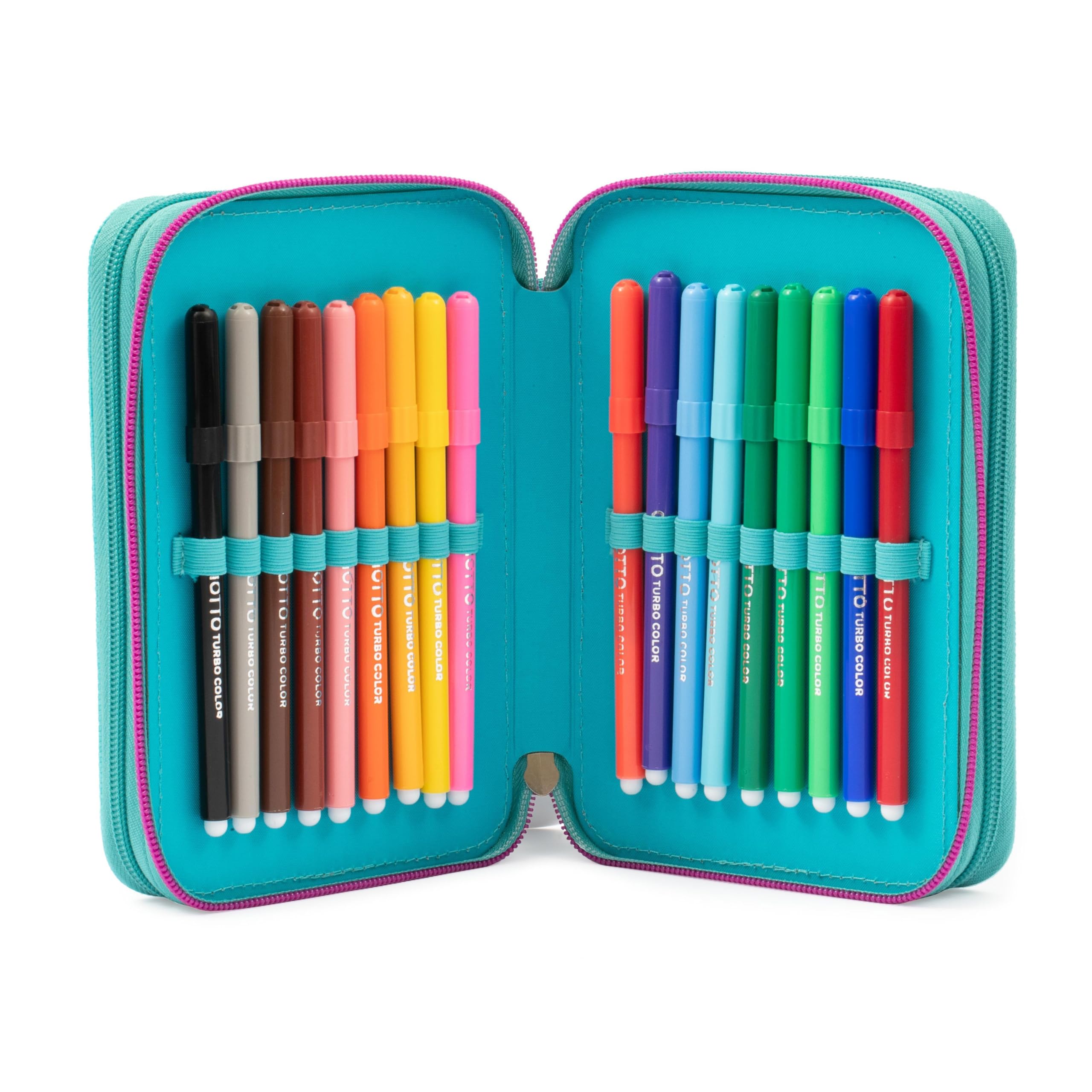 Go Pop - Astuccio Triplo Scuola Turtle Bloom Con 3 Zip E 3 Scomparti, Contiene 18 Matite Colorate, 18 Pennarelli e altri Pratici Oggetti per la Scuola,13 l x 19,5 h x 6,5 p