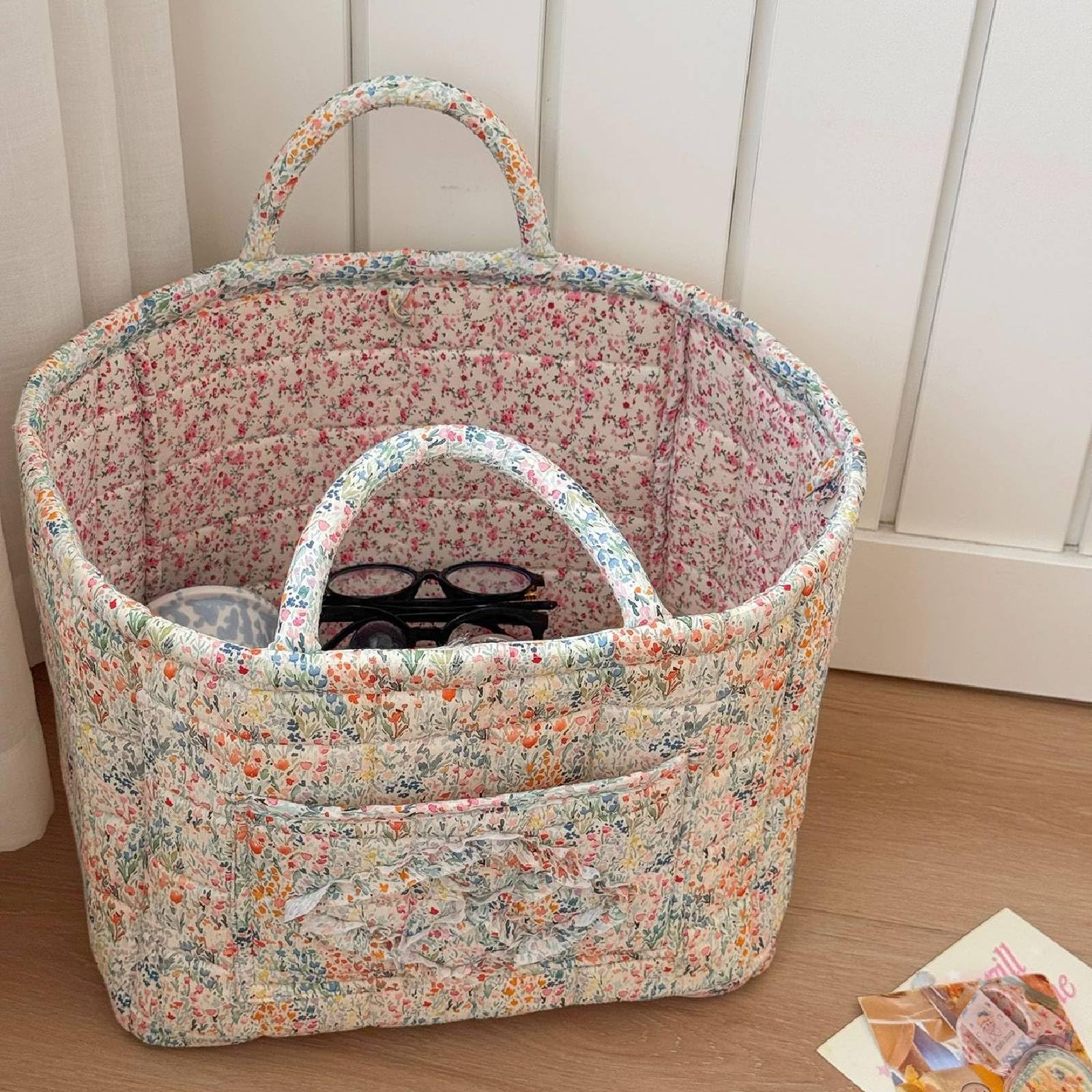 HTU Boho Fabric Storage Basket, Boho Floral Laundry Baskets, Large Capacity Fabric Storage Basket, Decorative Storage Baskets, Portable Folding Storage Bag, for Clothes and Sundries