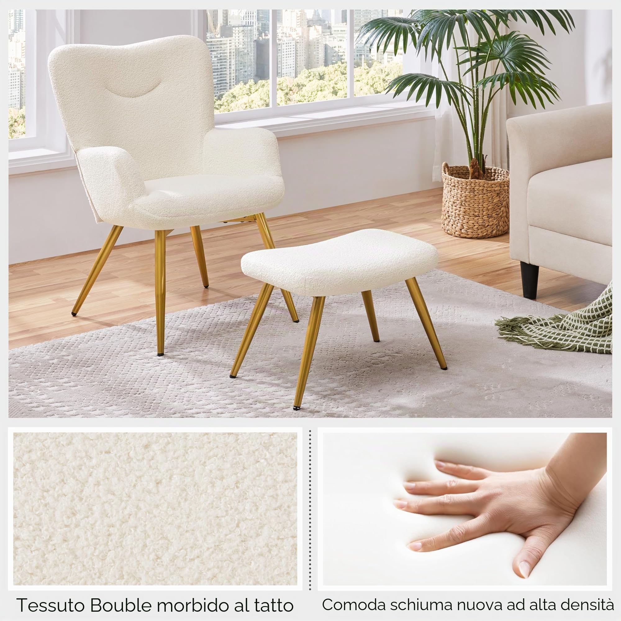 Yaheetech Poltrona Imbottita con Sgabello Poltrocina in Tessuto Boucle con Schienale Pieghevole Gambe in Metallo Sedia per Soggiorno Camera da Letto Lettura Caffè Avorio
