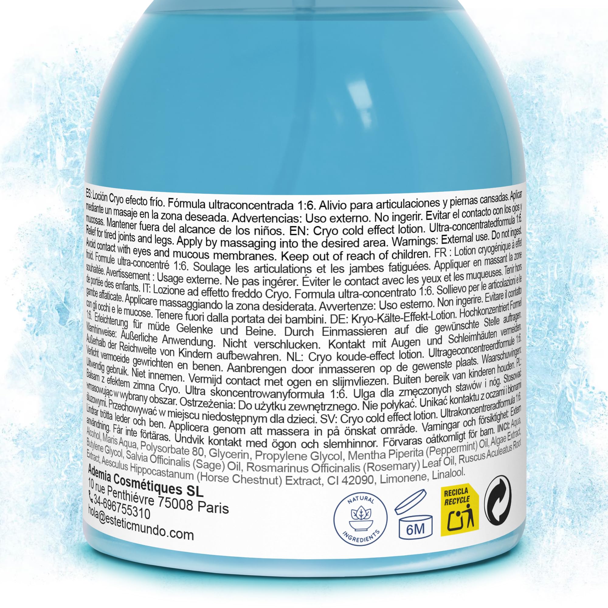 CRYOX10 Lotion Cryogénique Concentrée 1:6 – Cryothérapie Pro et à Domicile | Effet Froid Immédiat, Anti-Cellulite, Draineur | Jambes Lourdes, Muscles Fatigués | En Spray, Gaze, Bande (250)