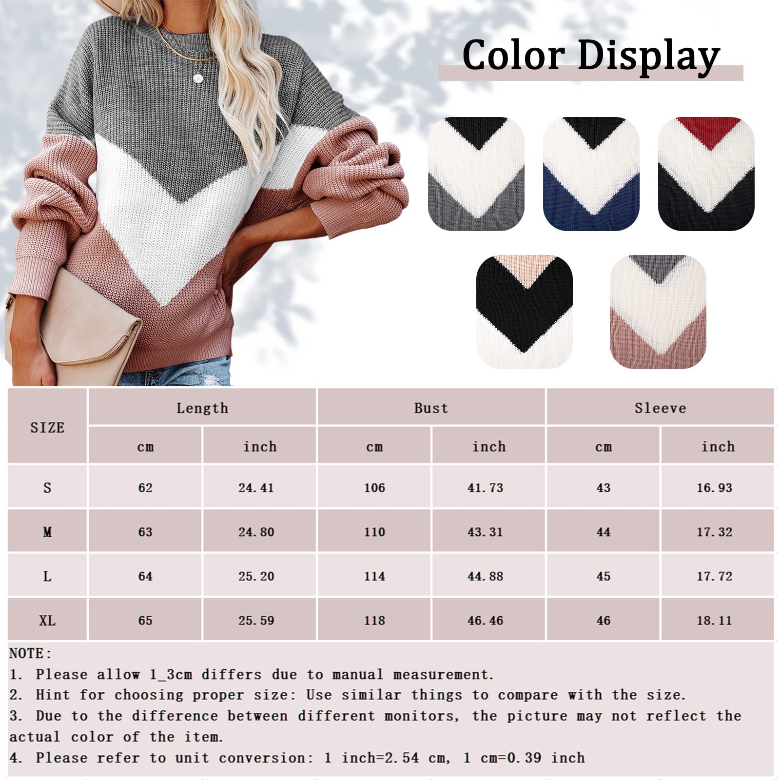 heekpek Jersey Punto Mujer Invierno Cuello Redondo Rayas de Costura en Forma de V Jersey Manga Larga Basico Casual Otoño e Invierno Suéter para Mujer
